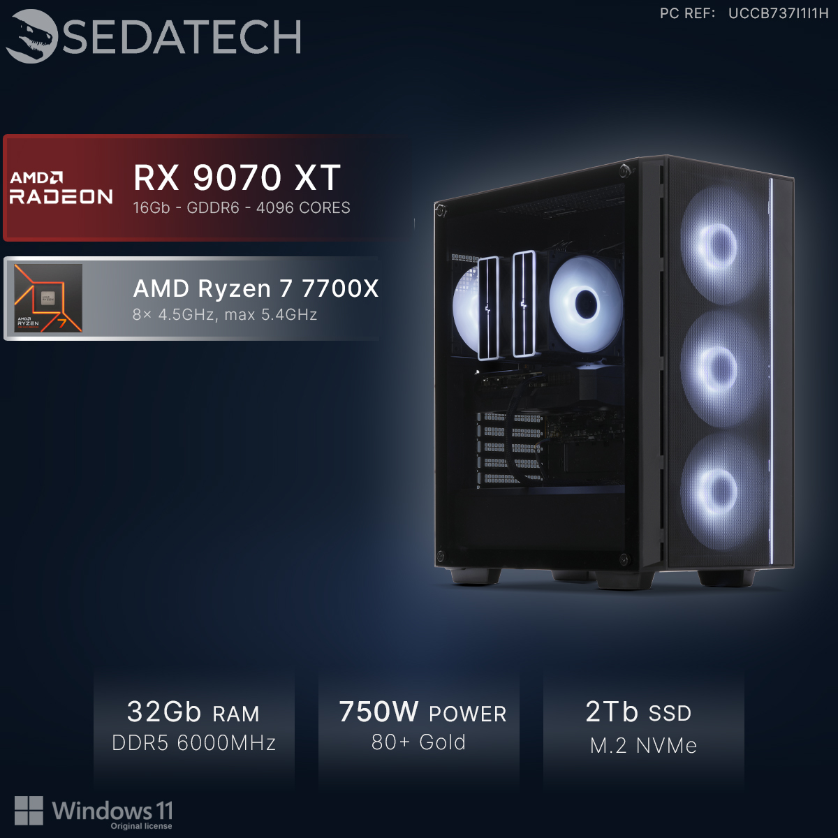 Un PC avec AMD Ryzen 7 7700X, RX 9070 XT, 32Go RAM, alimentation 750W.