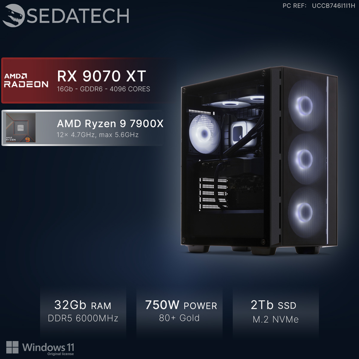 Een PC met RX 9070 XT, Ryzen 9 7900X, 32GB RAM, 750W voeding en 2TB SSD.