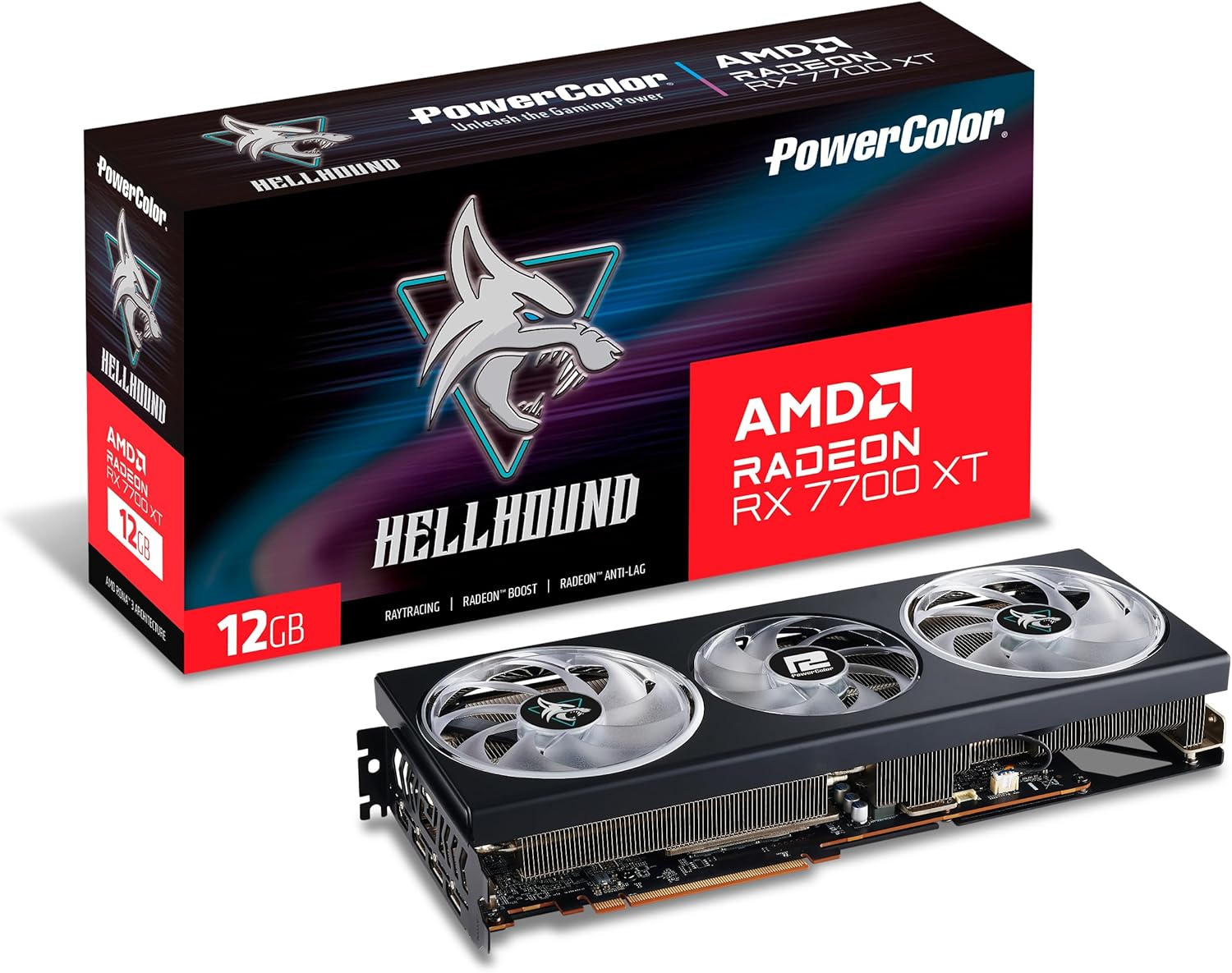 Scheda grafica AMD Radeon RX 7700 XT e scatola con logo testa di cane.