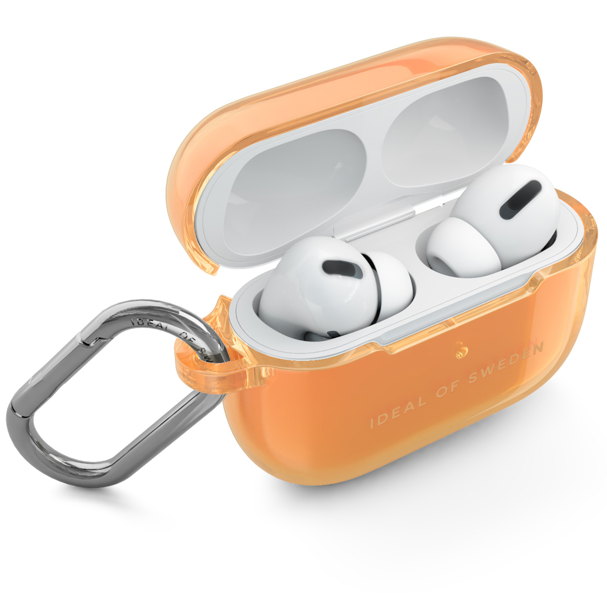 Orange durchsichtige Hülle mit weißen Ohrhörern und Karabinerhaken.
