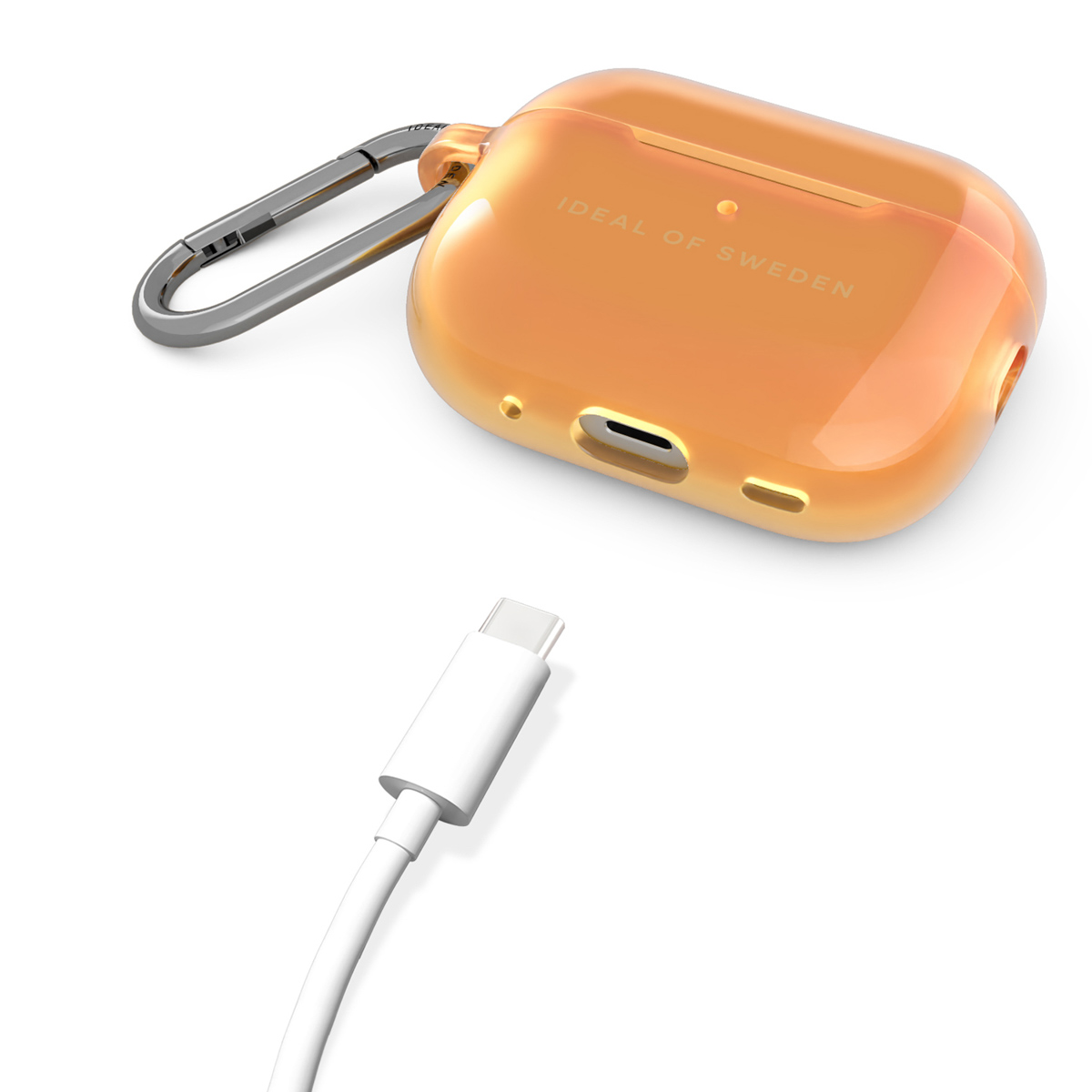 Orangefarbene Hülle für Kopfhörer mit Ladeanschluss und USB-C-Kabel.