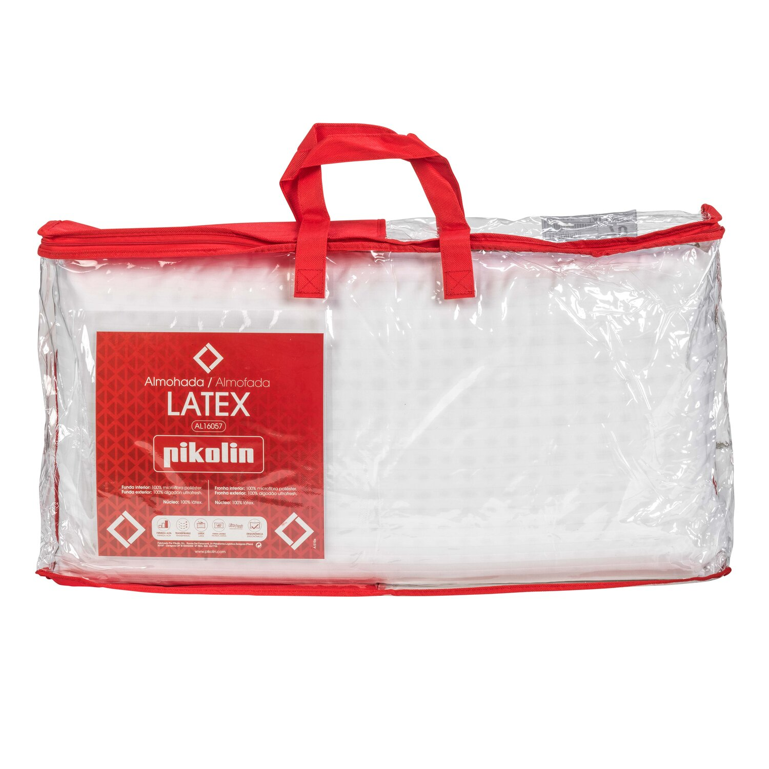 Almohada de látex en bolsa transparente con asas y cremallera rojas. Etiqueta visible.