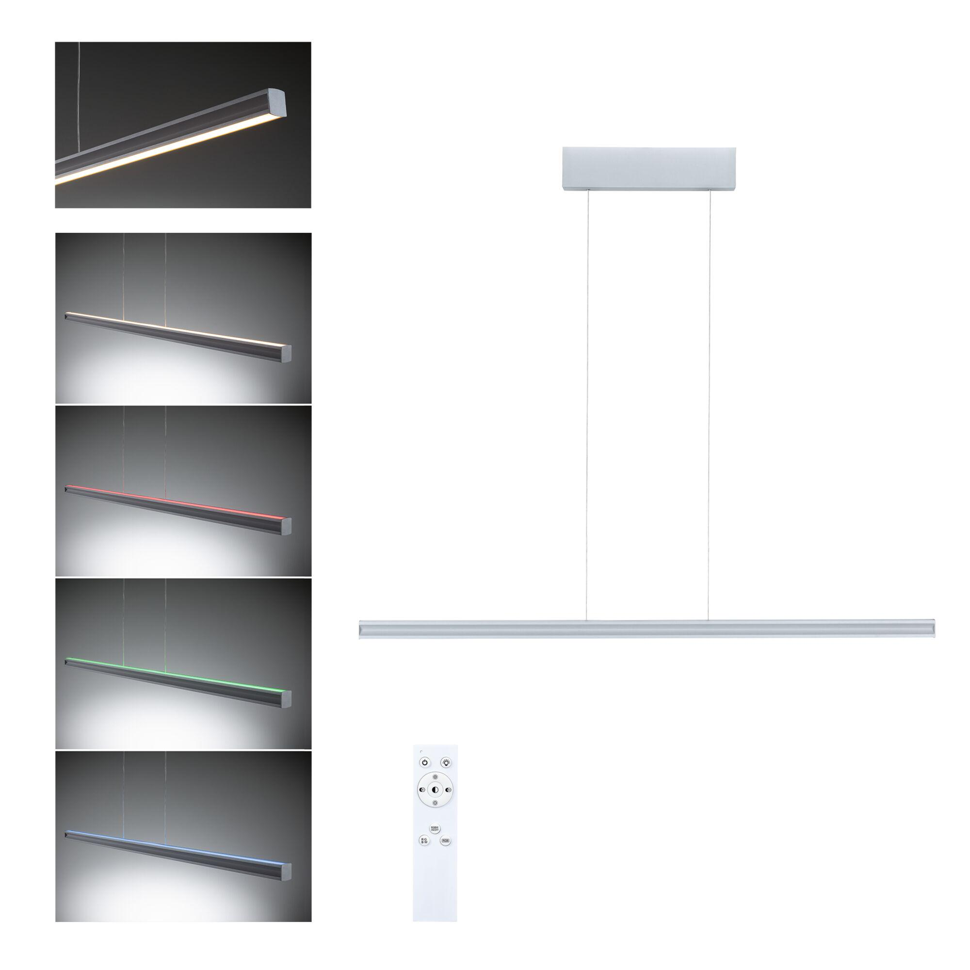Eine moderne Pendelleuchte mit silbernem Metallrahmen und RGB-LEDs.