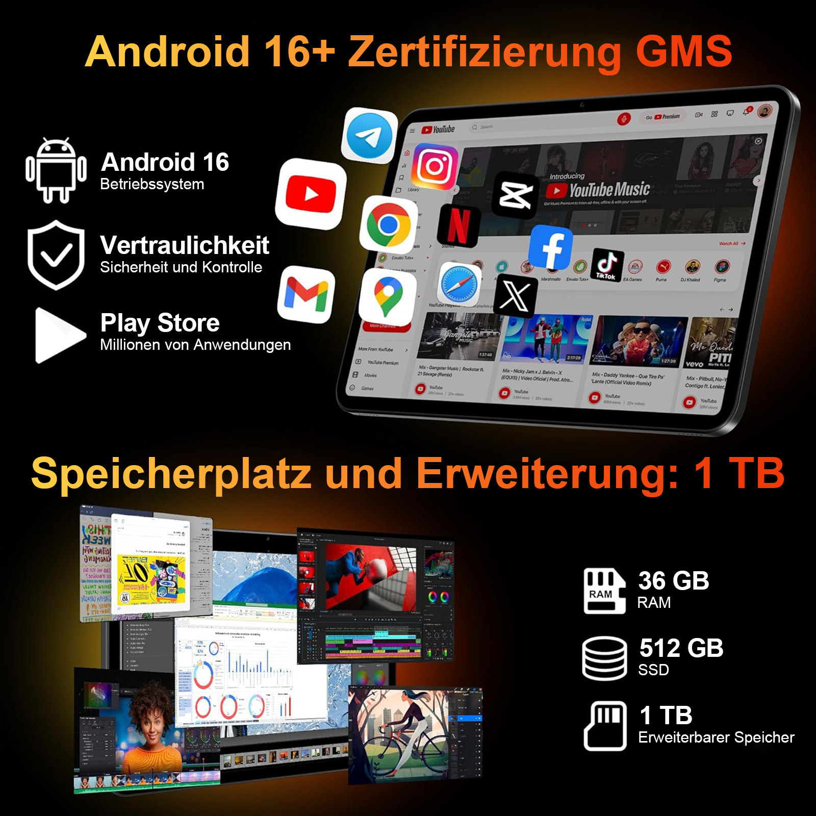 Android 16 Zertifizierung, Apps & Speicherinfos: 36GB RAM, 512GB SSD, 1TB.