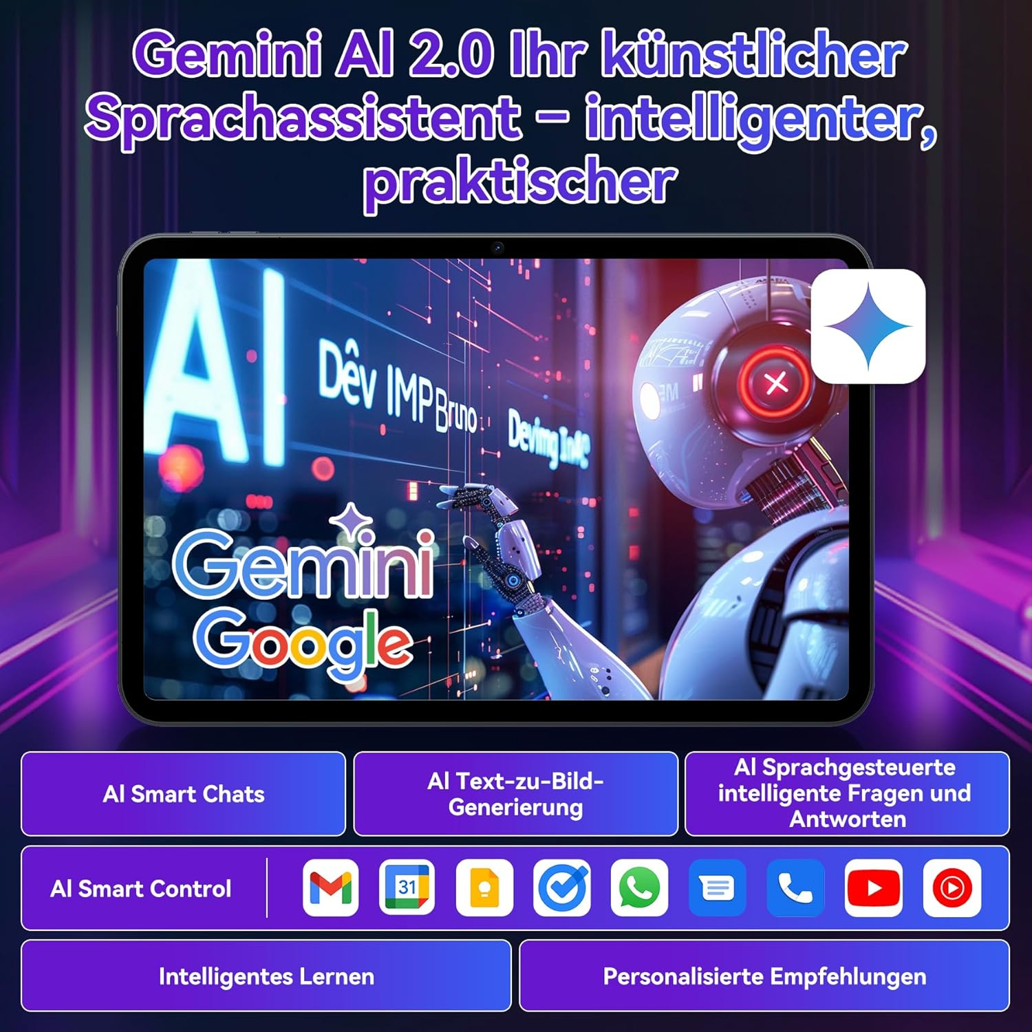 Tablet zeigt Gemini AI mit Roboter und Icons für KI-Funktionen.
