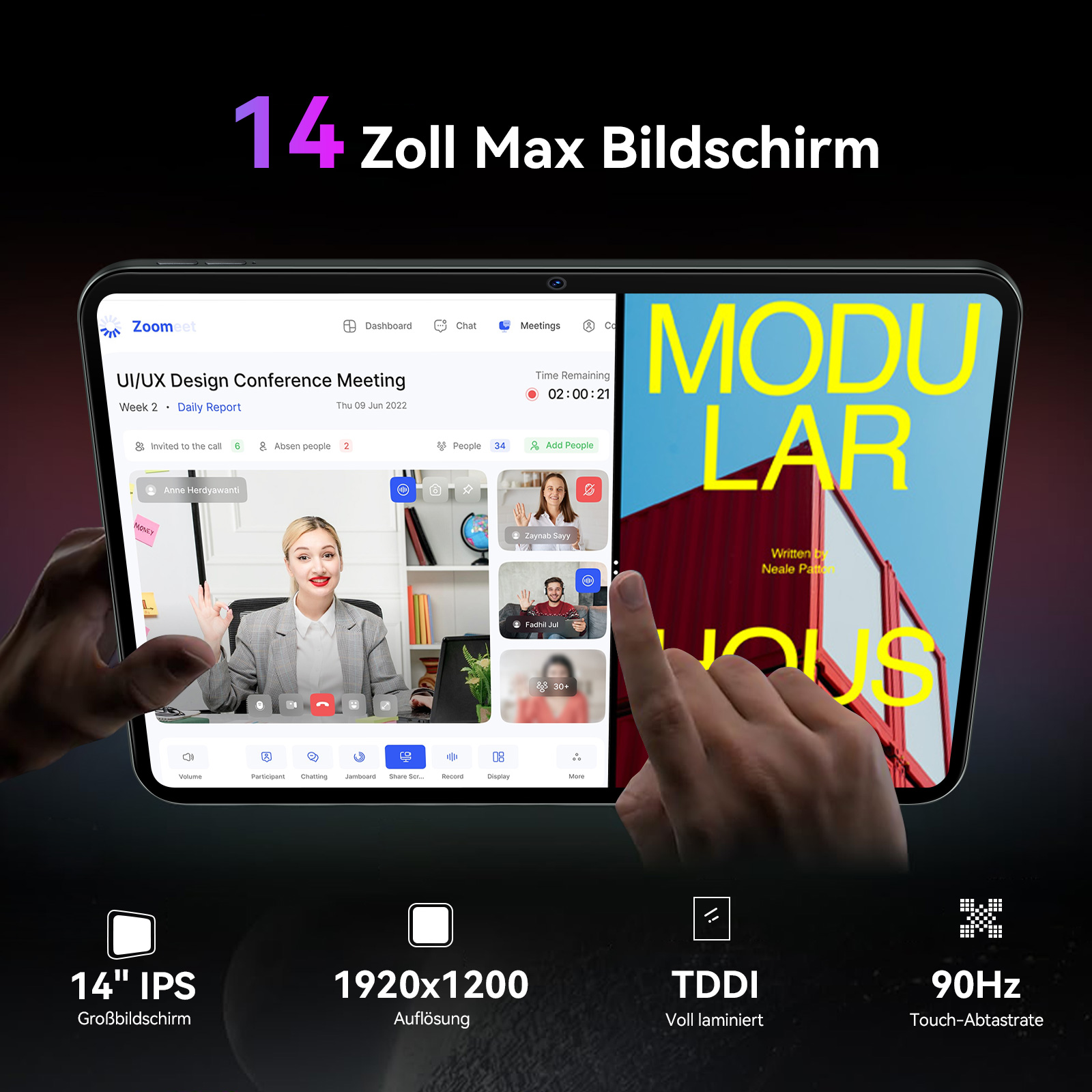 14-Zoll-Bildschirm zeigt Zoom-Meeting mit 4 Teilnehmern und der Aufschrift MODULAR HOUS.