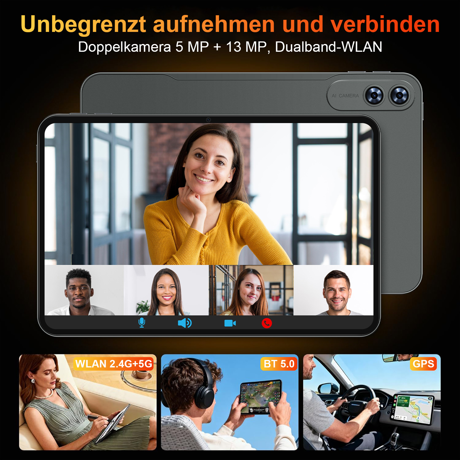 Tablet zeigt Videoanruf und drei Nutzungsszenarien: WLAN, Gaming und Auto-GPS.