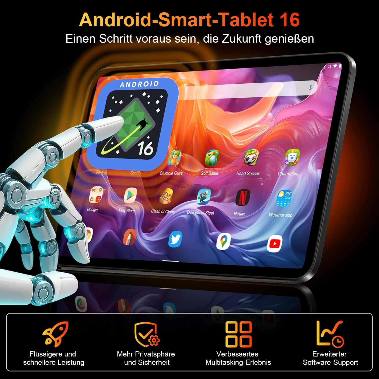 Ein Roboterfinger berührt ein Android-Tablet mit vielen App-Symbolen.