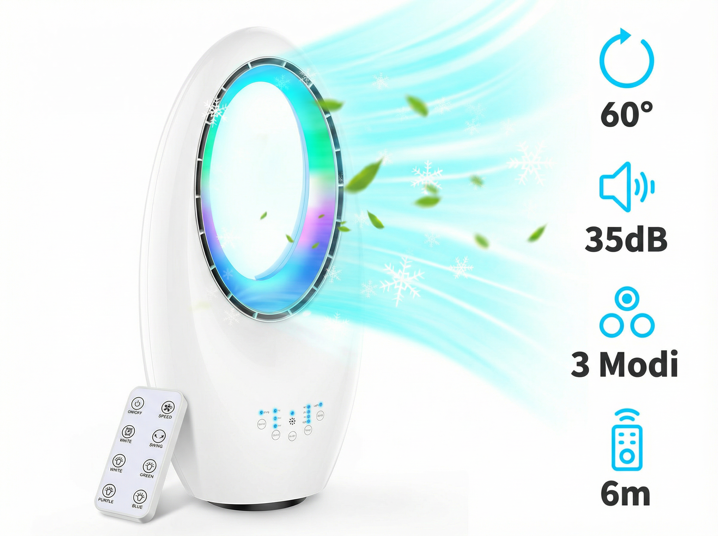Ein weißer Ventilator mit Fernbedienung, der Luft ausstößt.