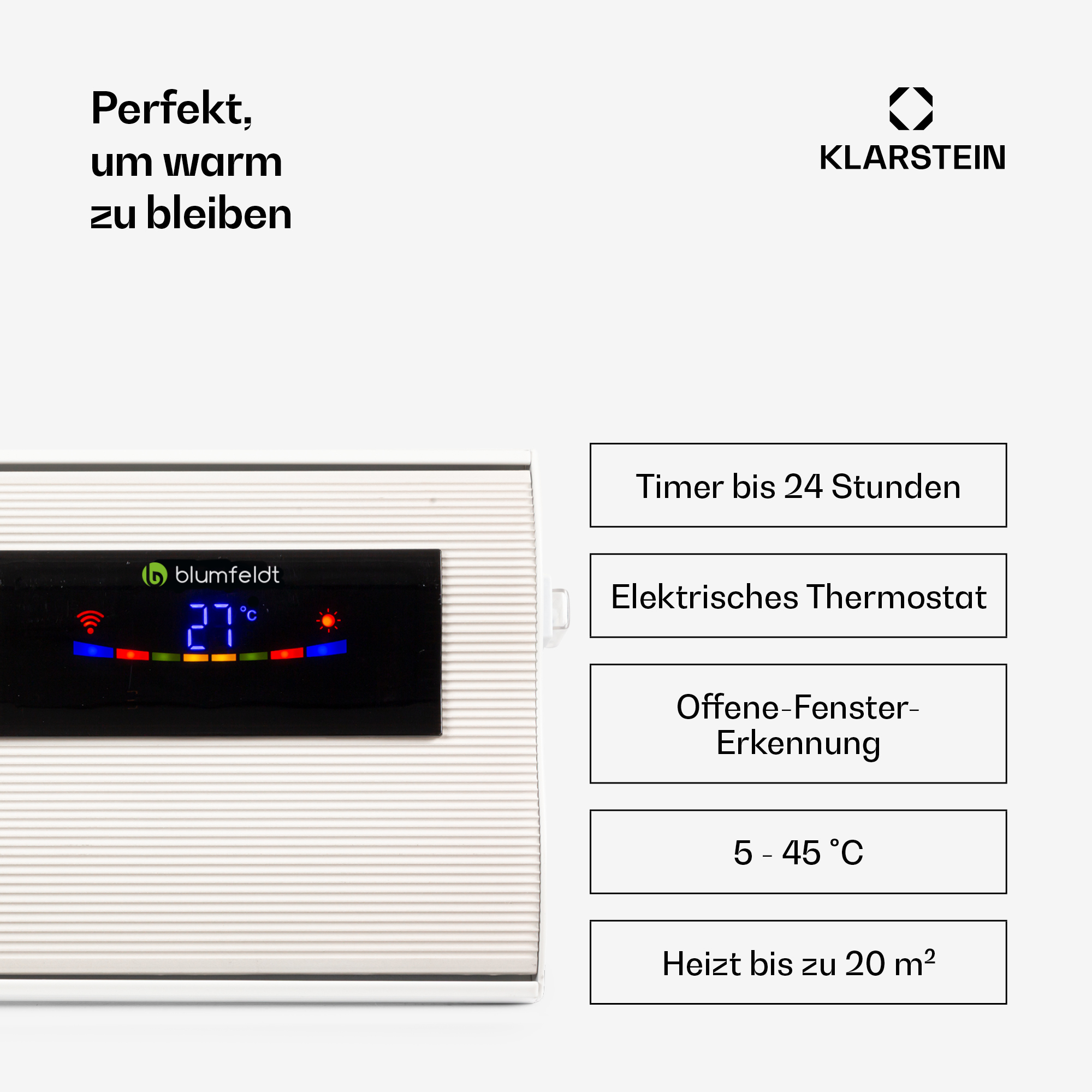 Ein Heizgerät mit digitaler Anzeige von 27°C und Symbolen.