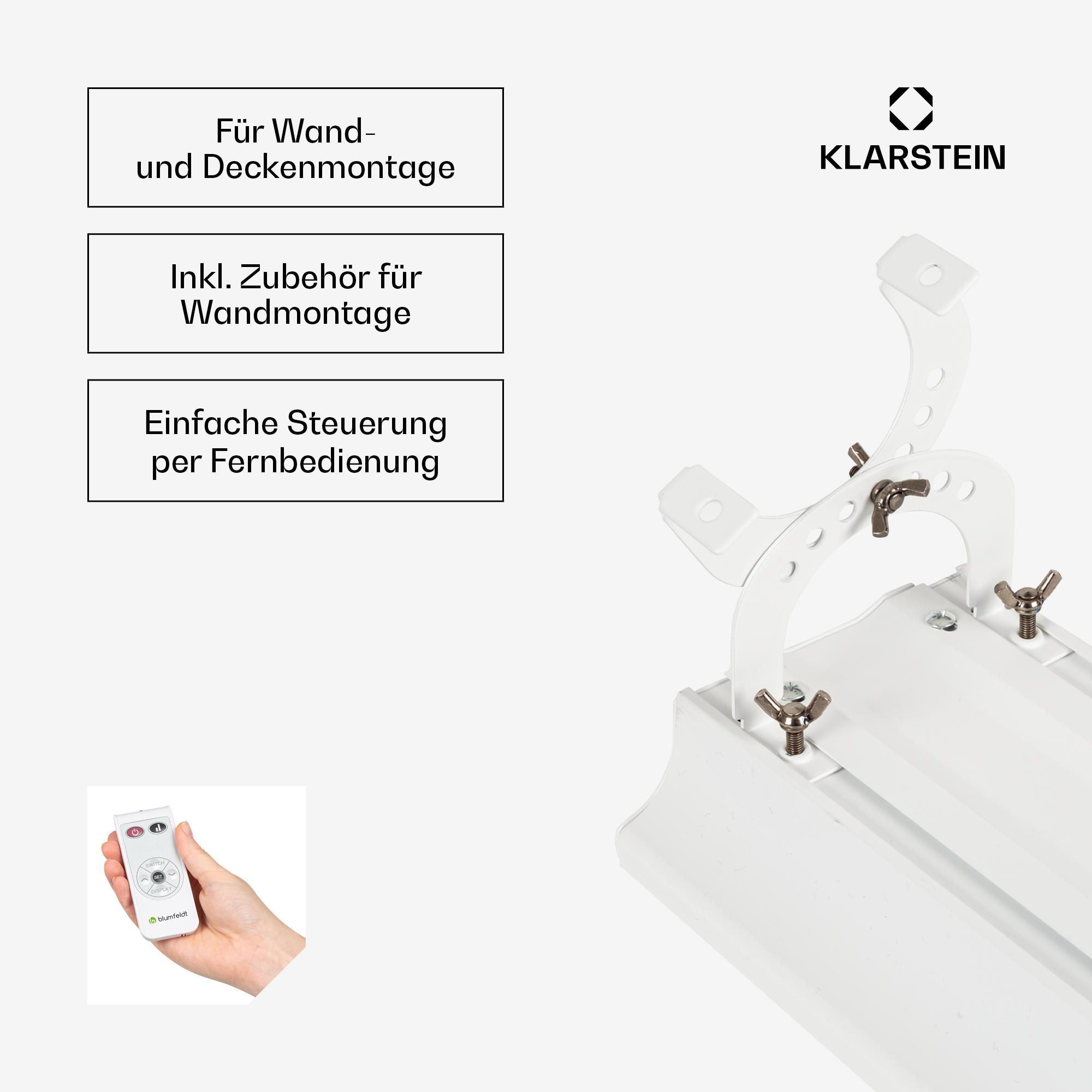 Ein weißer Heizstrahler mit Fernbedienung und Montagezubehör.