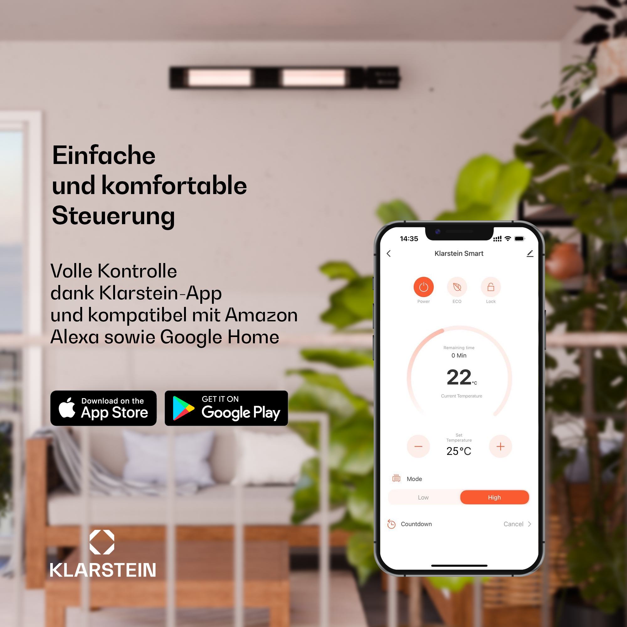 Heizstrahler mit Smartphone-App-Steuerung und Temperaturanzeige 22°C.