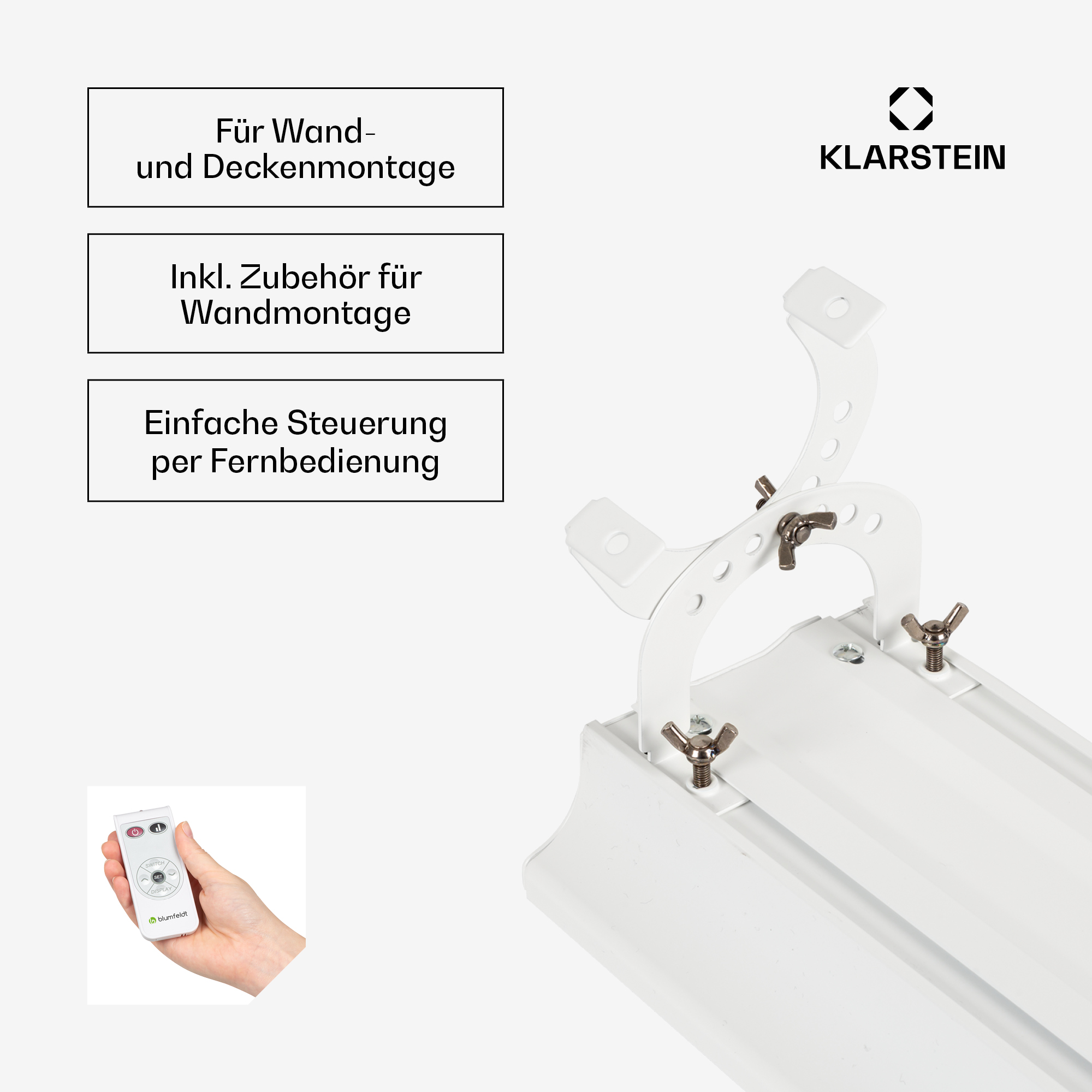 Un kit di montaggio bianco con telecomando ed etichette per montaggio a parete/soffitto.