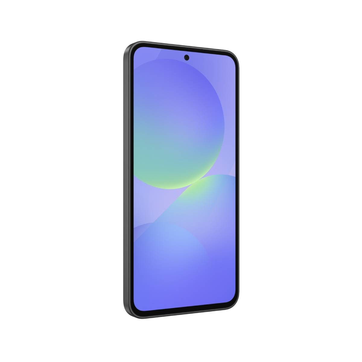 Czarny smartfon z fioletowo-zielonym tłem na ekranie.