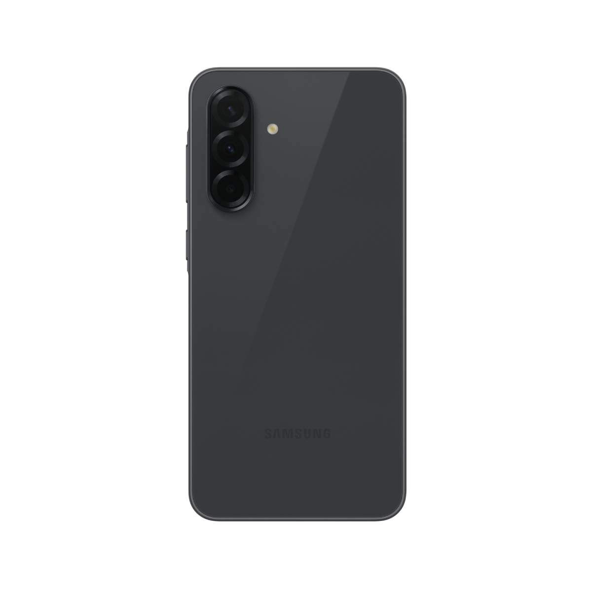 Tył ciemnego smartfona Samsung z trzema aparatami i lampą błyskową.