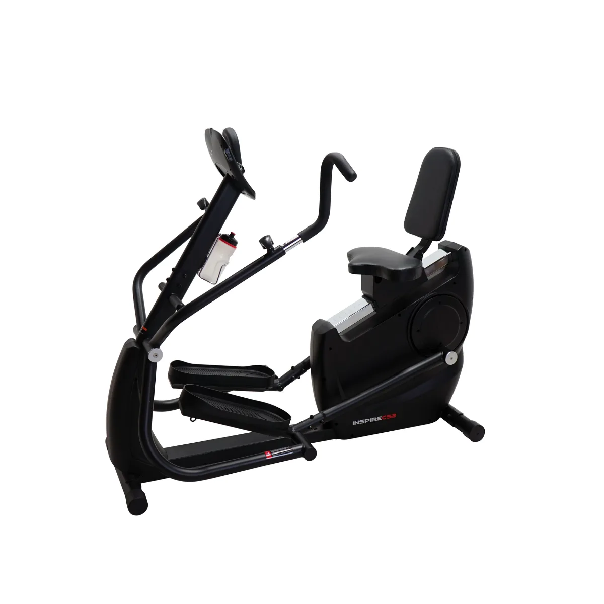 Een zwarte hybride fitnessmachine met een crosstrainer en stoel.