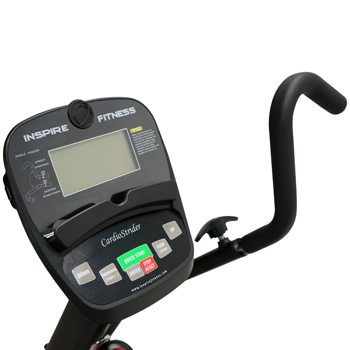 Het bedieningspaneel van een zwarte hometrainer met scherm en knoppen.