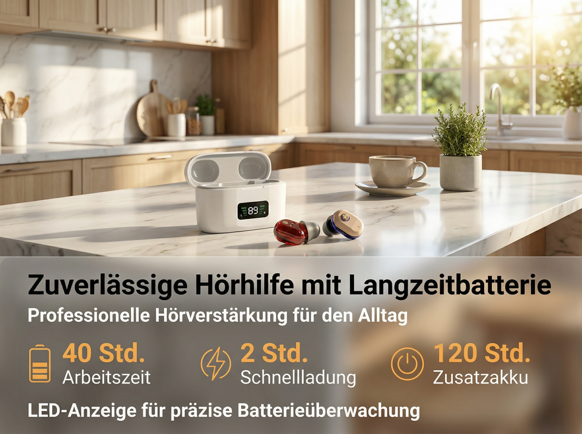 Hörgeräte mit Ladecase, Tasse und Pflanze auf Küchentheke.