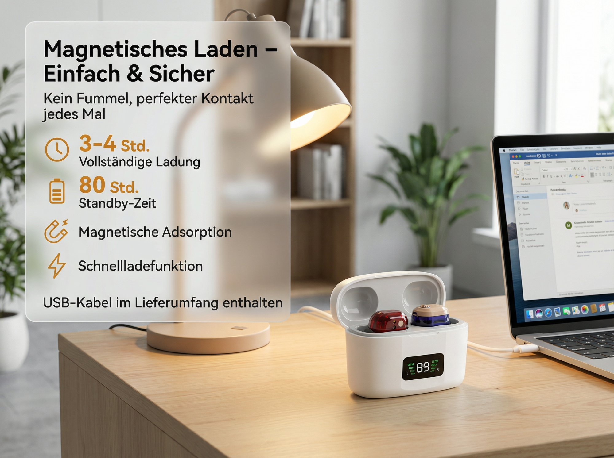 Ein kabelloses Ladegerät mit zwei Hörgeräten und einem Laptop auf einem Holztisch.
