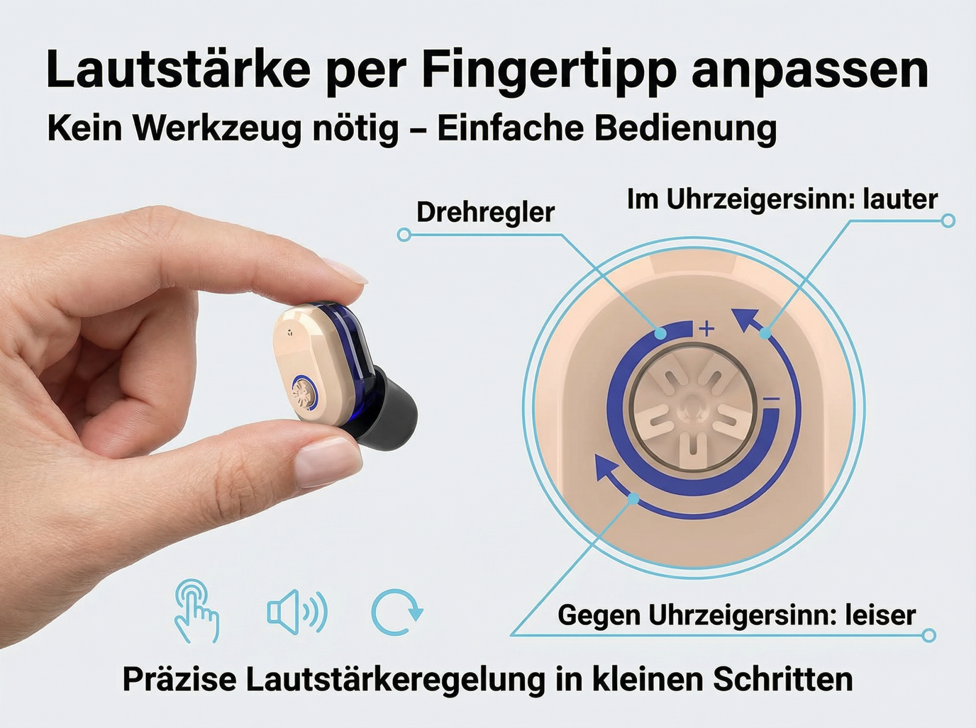 Ohrhörer mit Drehregler zur Lautstärkeanpassung per Fingertipp.
