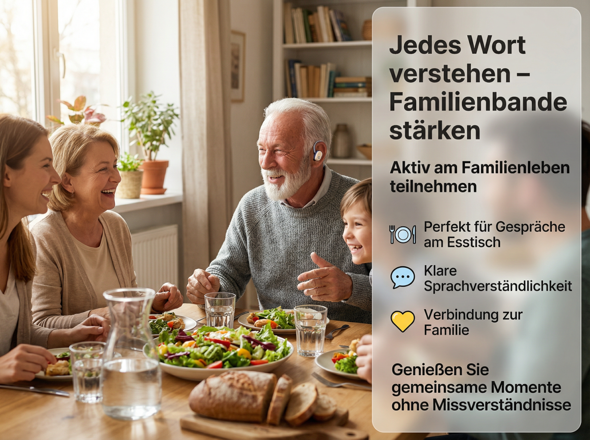 Eine Familie isst gemeinsam. Der Großvater trägt ein Hörgerät und lächelt.