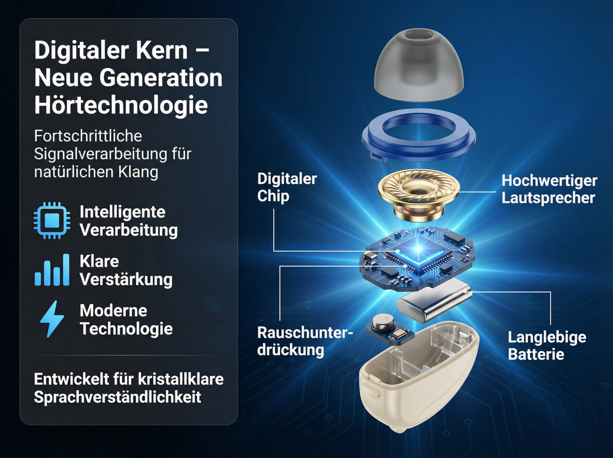 Explosionszeichnung eines Hörgeräts mit digitalem Chip, Lautsprecher, Batterie und Ohrstöpsel.