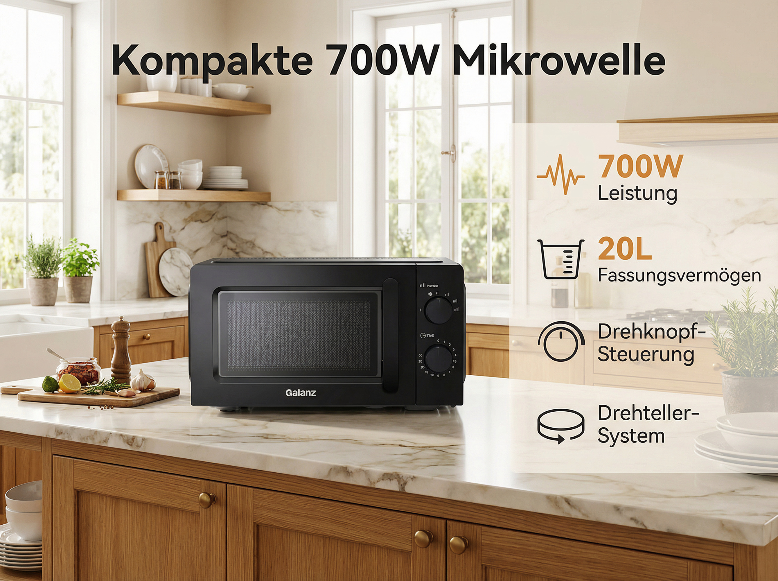 Kompakte schwarze Galanz Mikrowelle mit 700W Leistung auf Marmorarbeitsplatte.