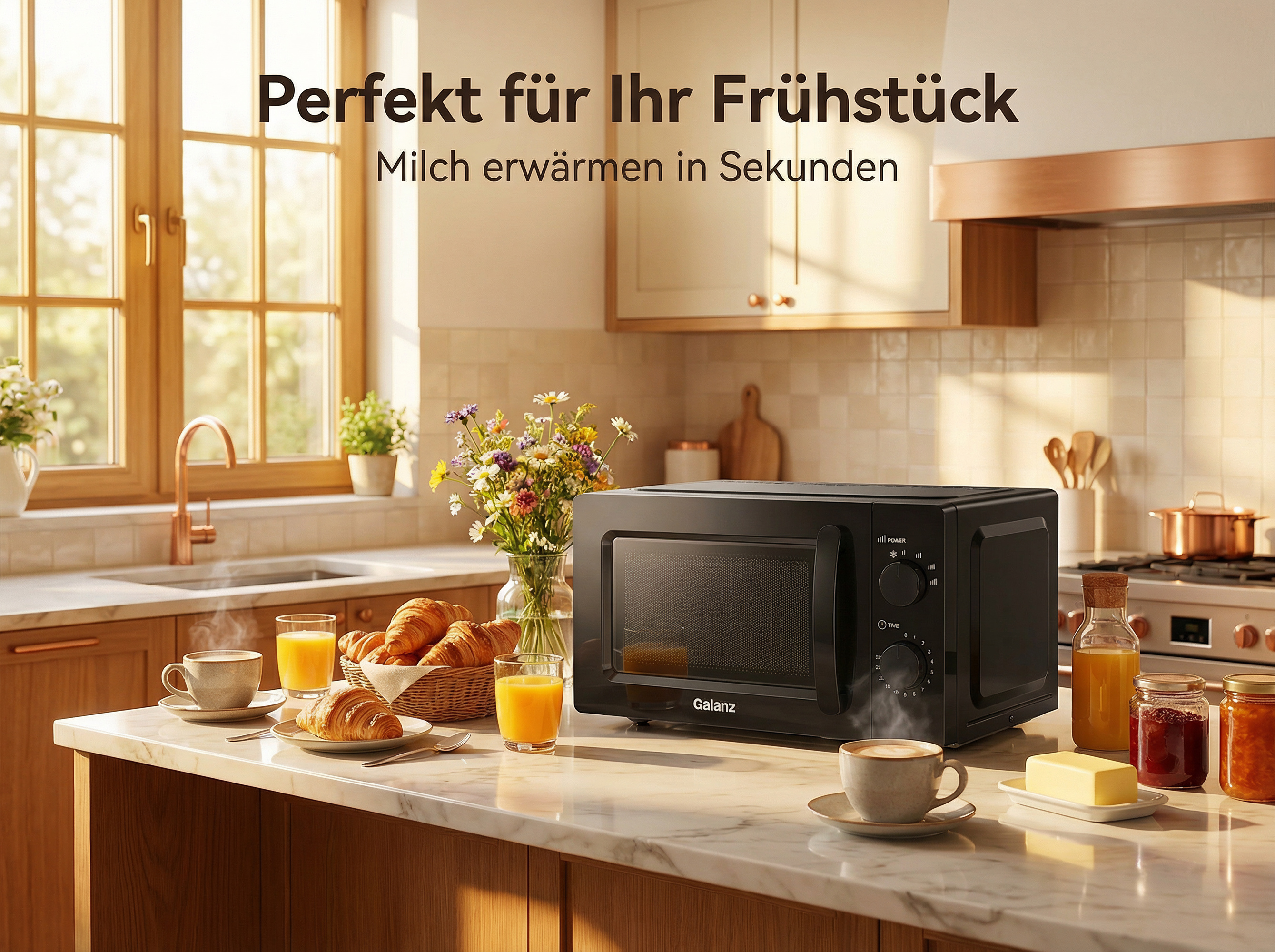 Küche mit Mikrowelle, Frühstück und Kaffee. Perfekt für Ihr Frühstück.