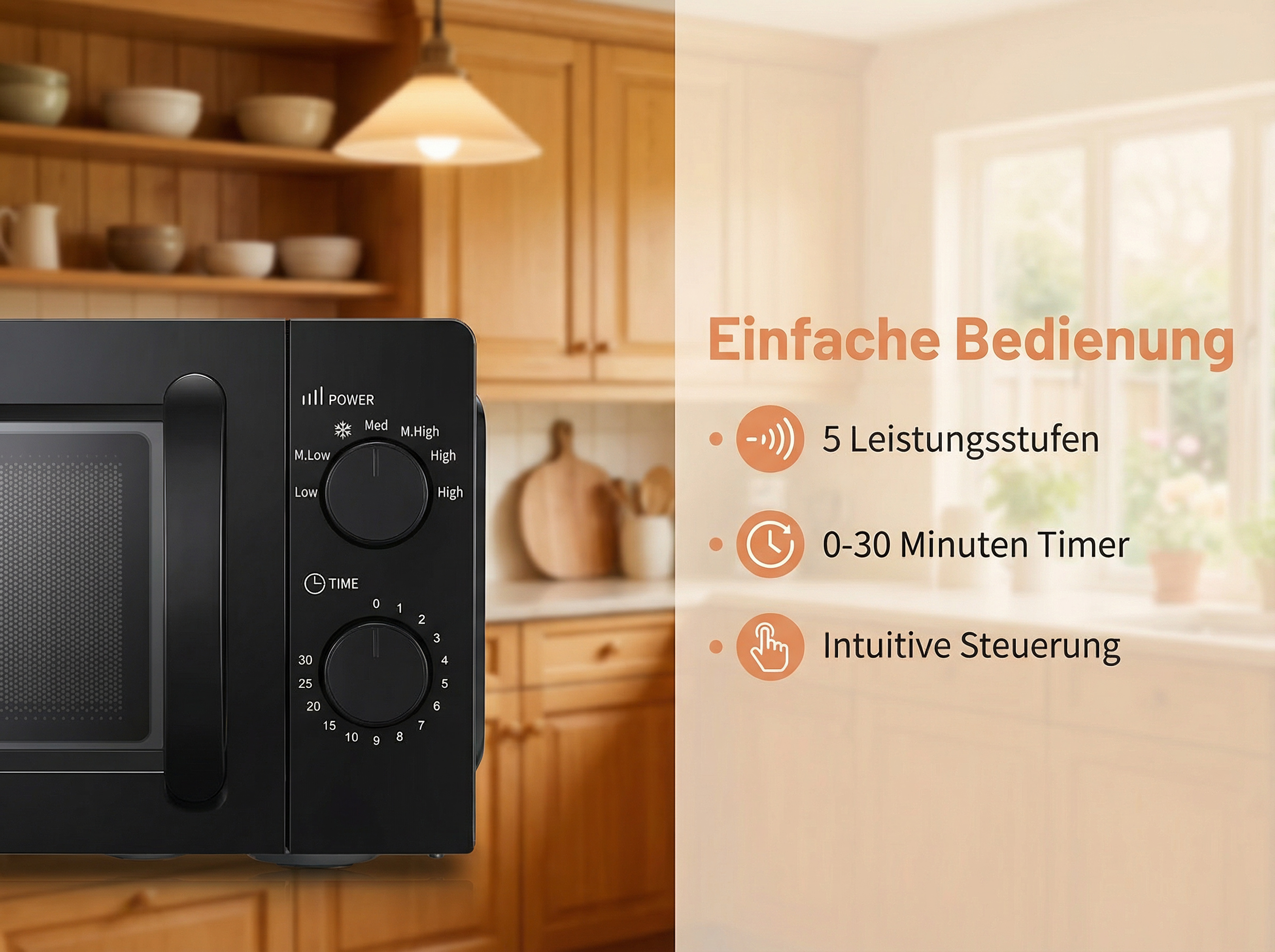 Schwarze Mikrowelle mit Bedienelementen und Küchentheke im Hintergrund.