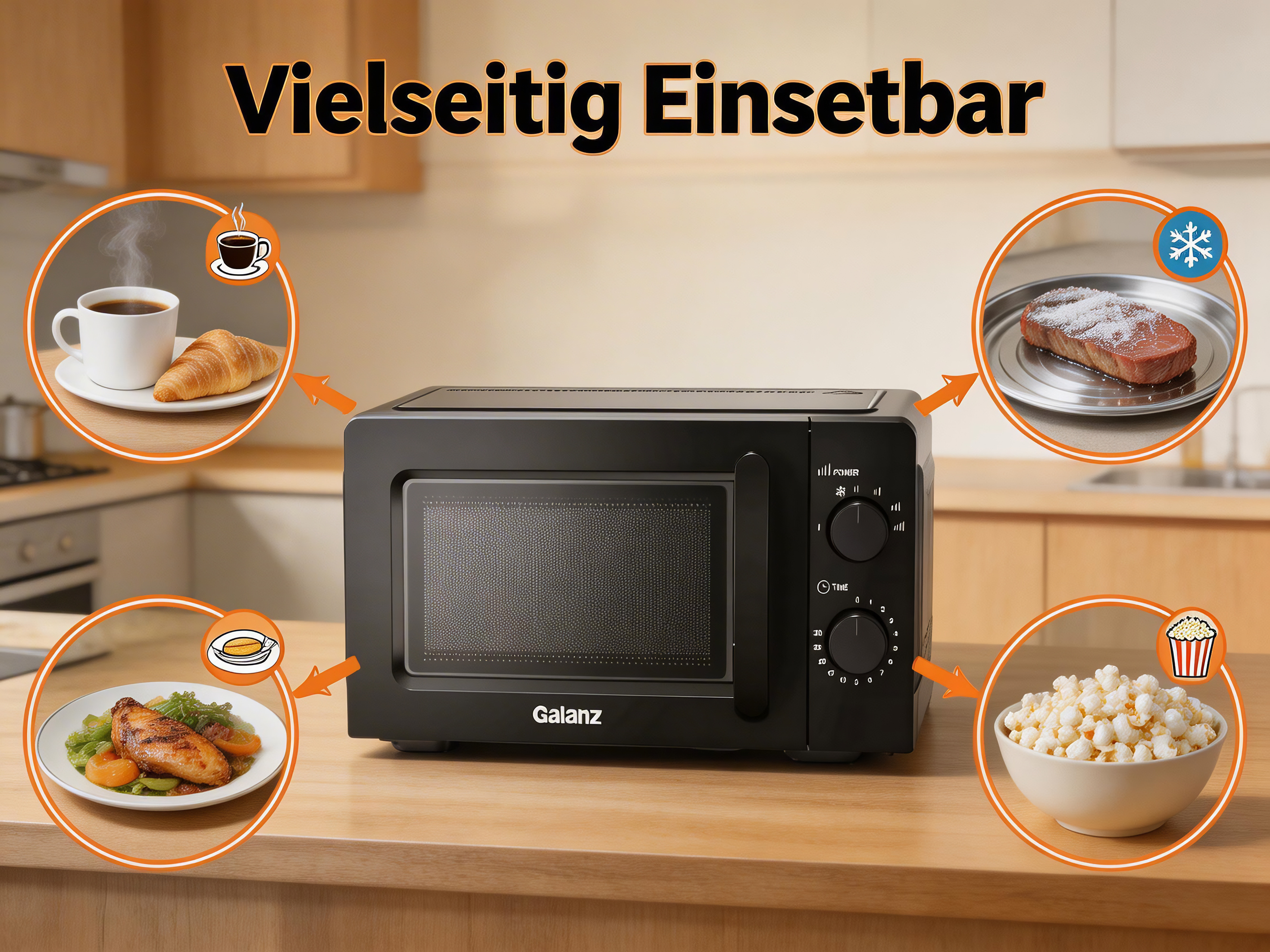 Schwarzer Galanz Mikrowellenherd mit Beispielen für Kaffee, Steak, Hühnchen und Popcorn.