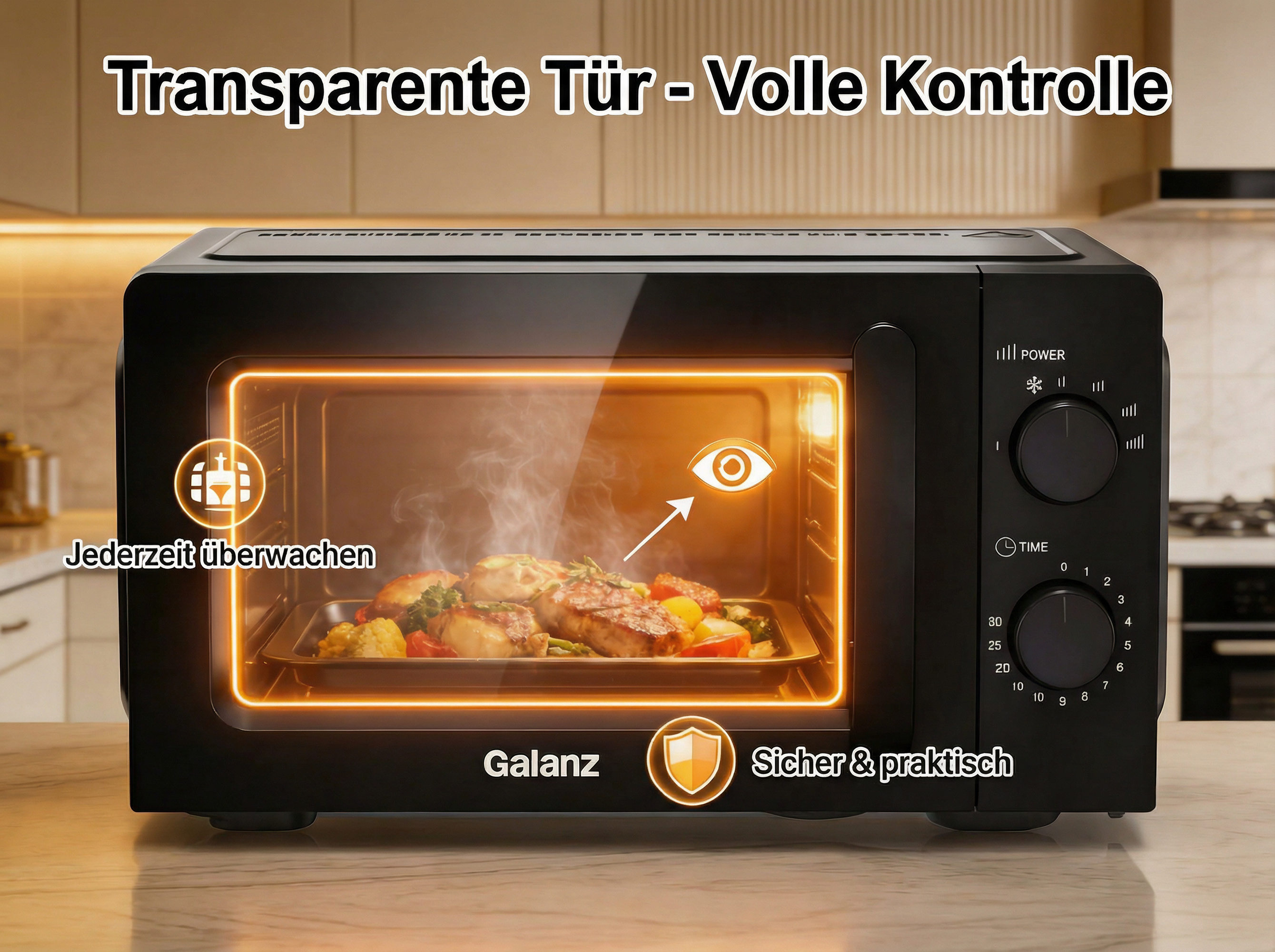 Schwarze Mikrowelle mit transparentem Fenster, das Essen zeigt. Bedienelemente an der Seite.