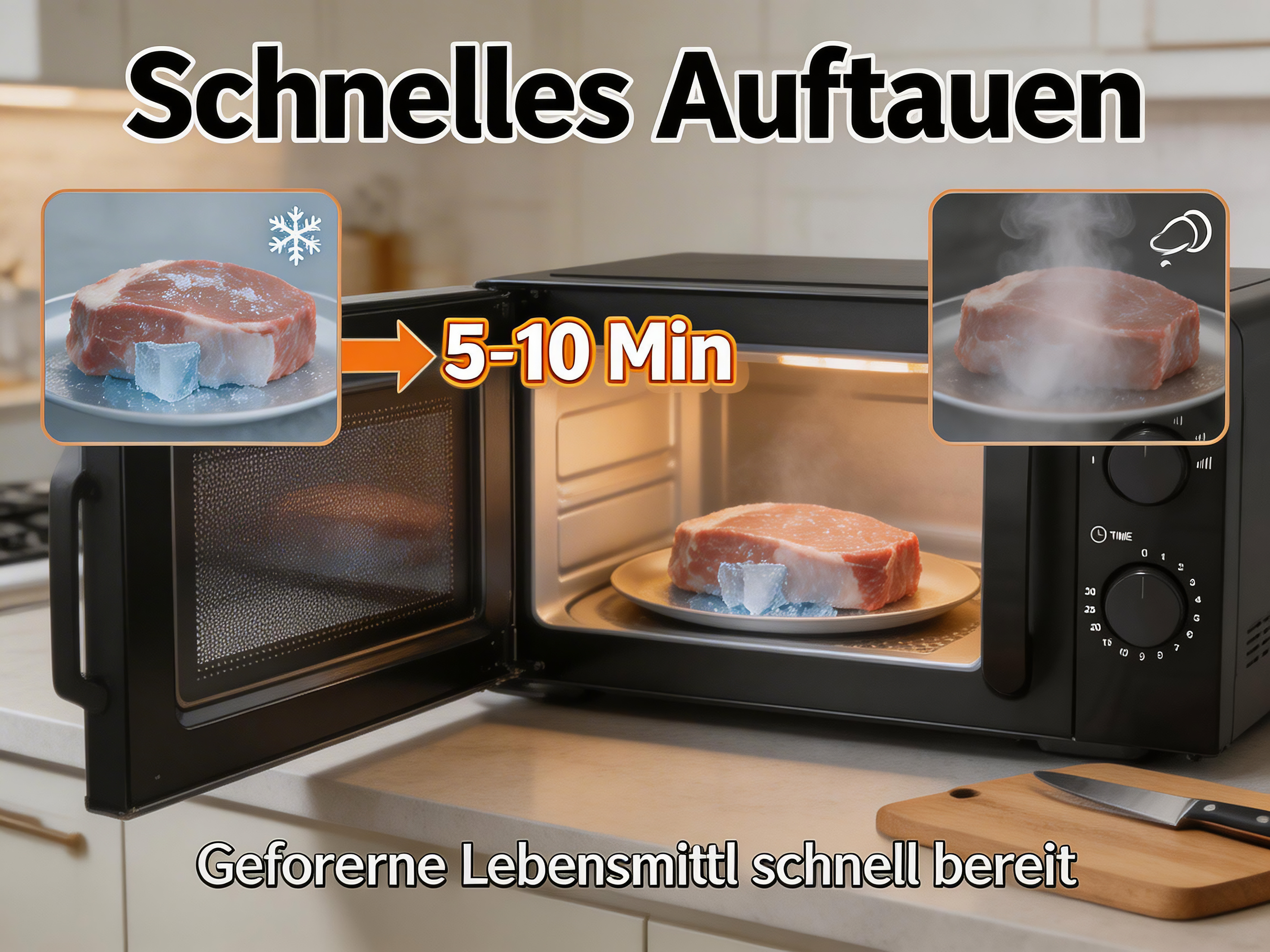 Ein rohes Steak wird in einer Mikrowelle aufgetaut, 5-10 Min.