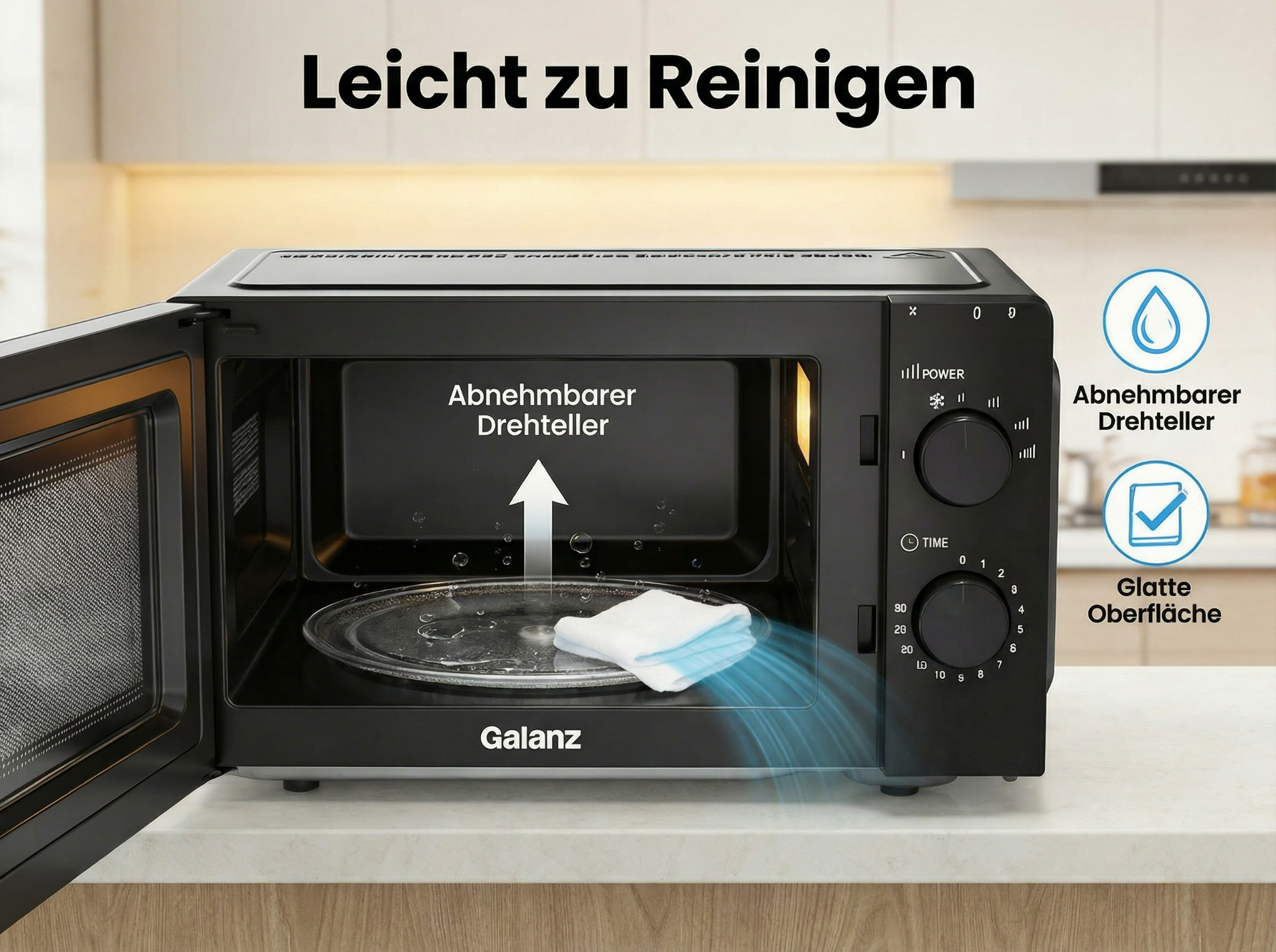 Schwarze Galanz Mikrowelle mit abnehmbarem Drehteller und Reinigungshinweisen.