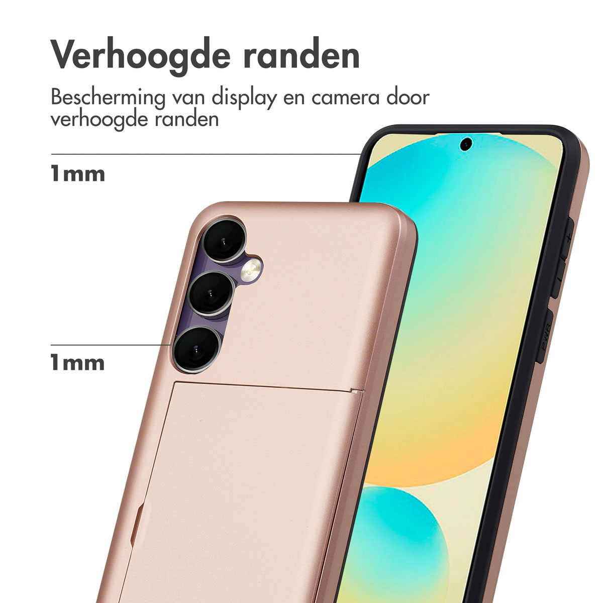 Een roségouden telefoon met camerapaneel en 1 mm verhoogde randen.