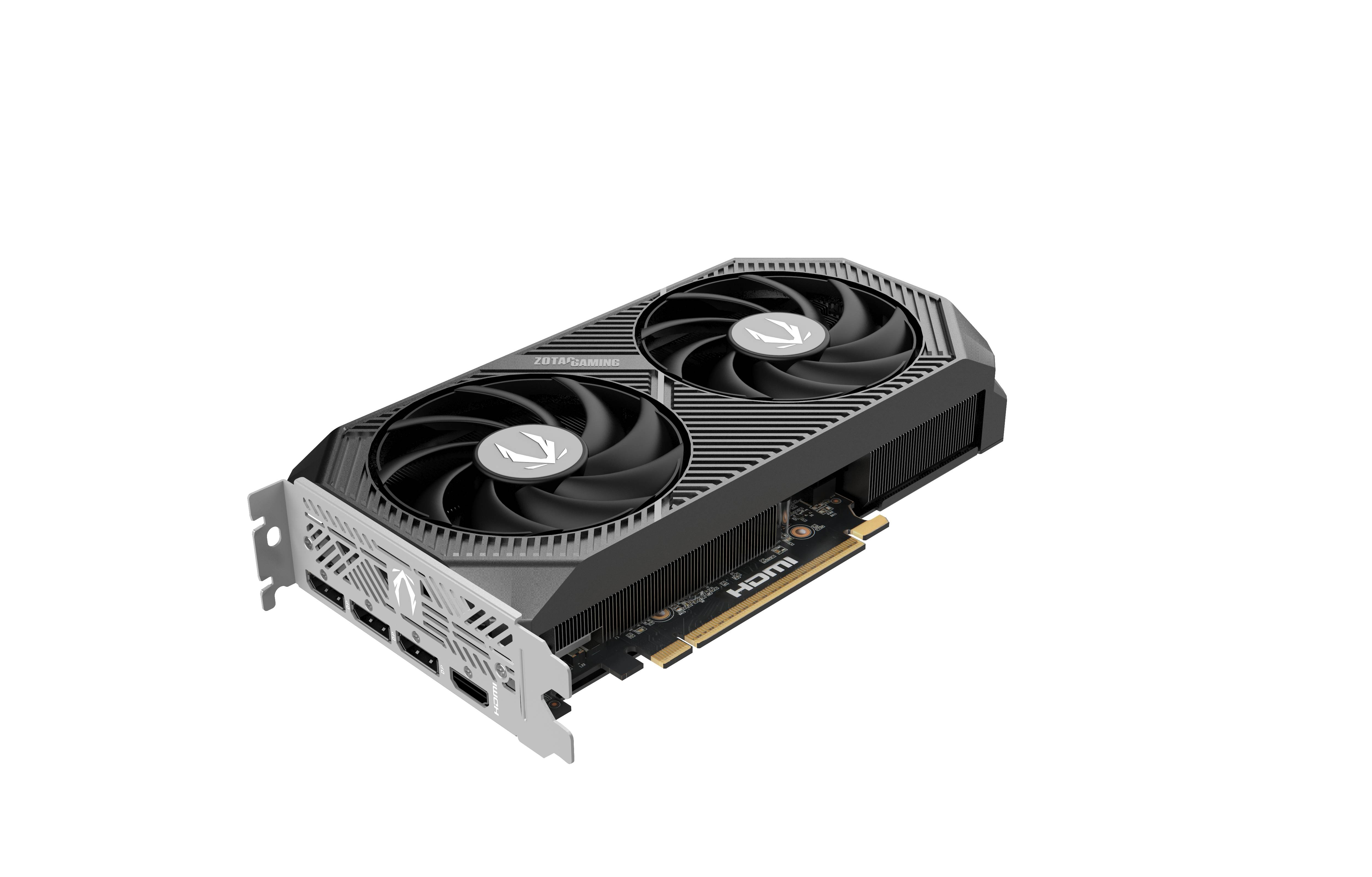 Scheda grafica gaming con due ventole e porte HDMI.