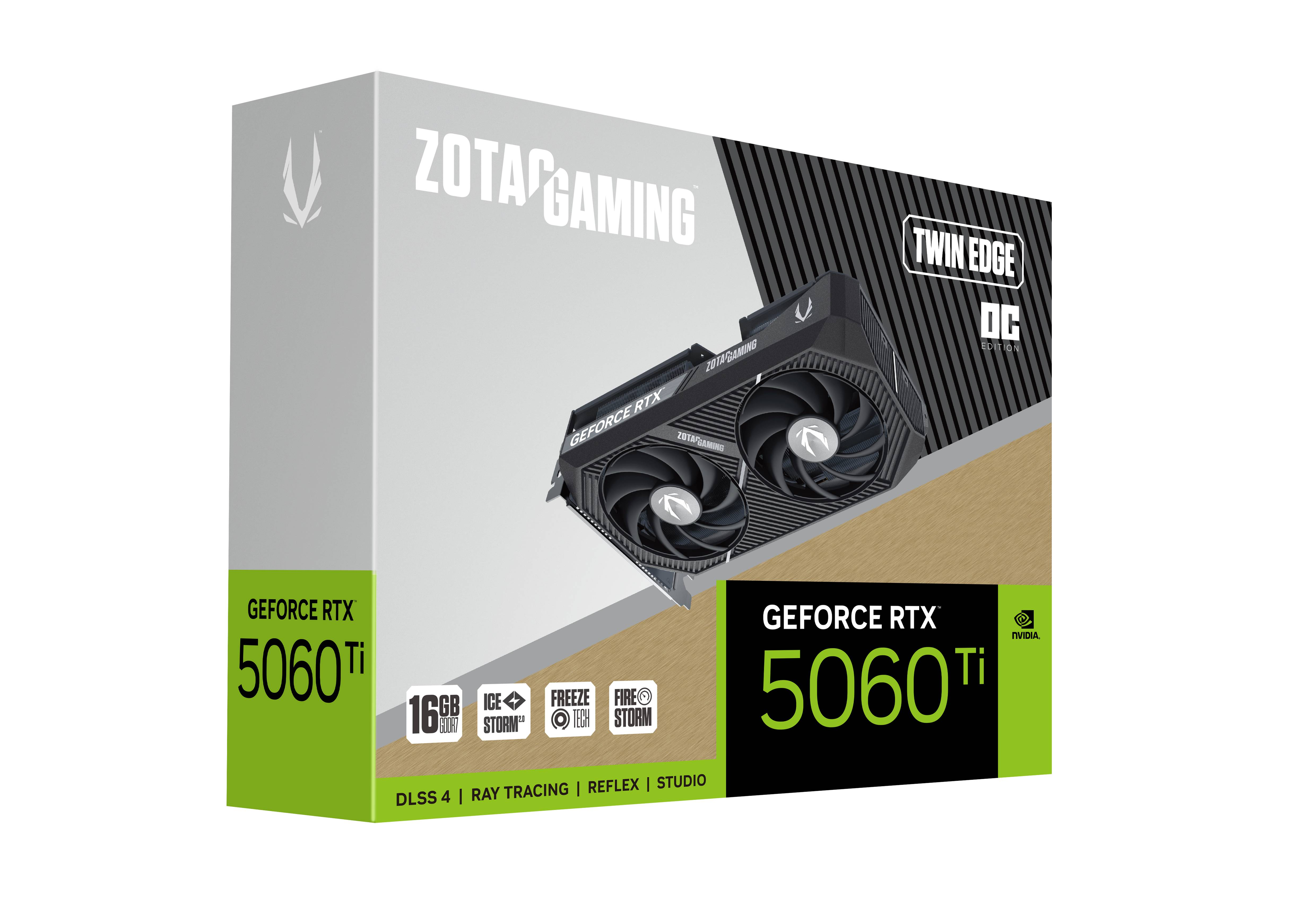 Scheda grafica Zotac Gaming RTX 5060 Ti su confezione prodotto.