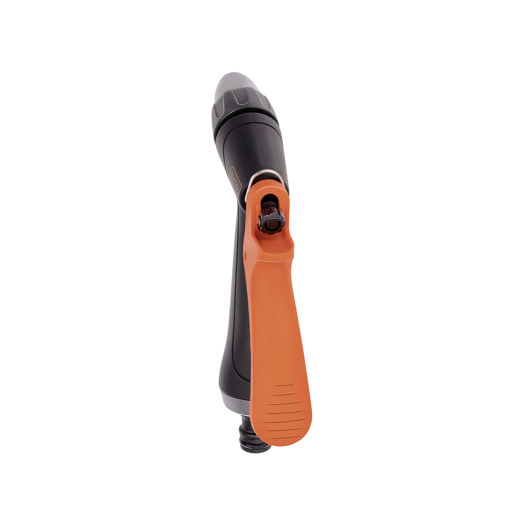 Zwarte tuinslangspuit met oranje handvat en instelknop.
