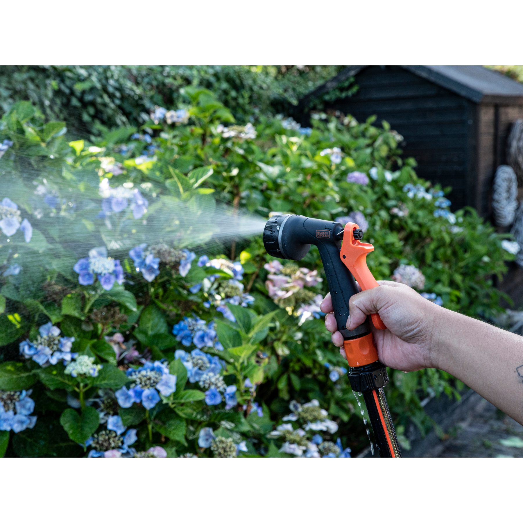 Een hand houdt een zwart en oranje tuinslangmondstuk vast dat blauwe hortensia's besproeit.