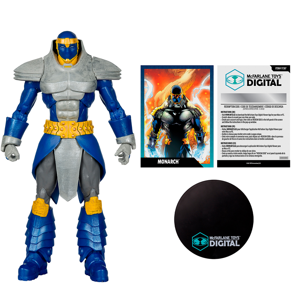 Una action figure con costume blu e grigio, una carta e un cerchio nero.