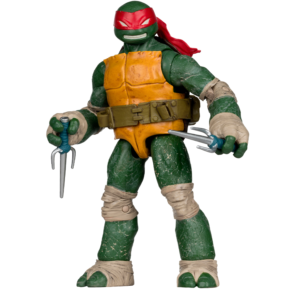 Action figure di Raphael delle TMNT, verde, maschera rossa, corazza arancione, tiene armi sai.