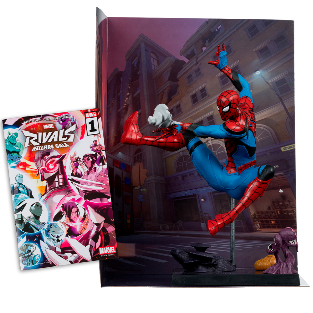 Spiderman-Figur in Aktion vor Comic und städtischer Kulisse.