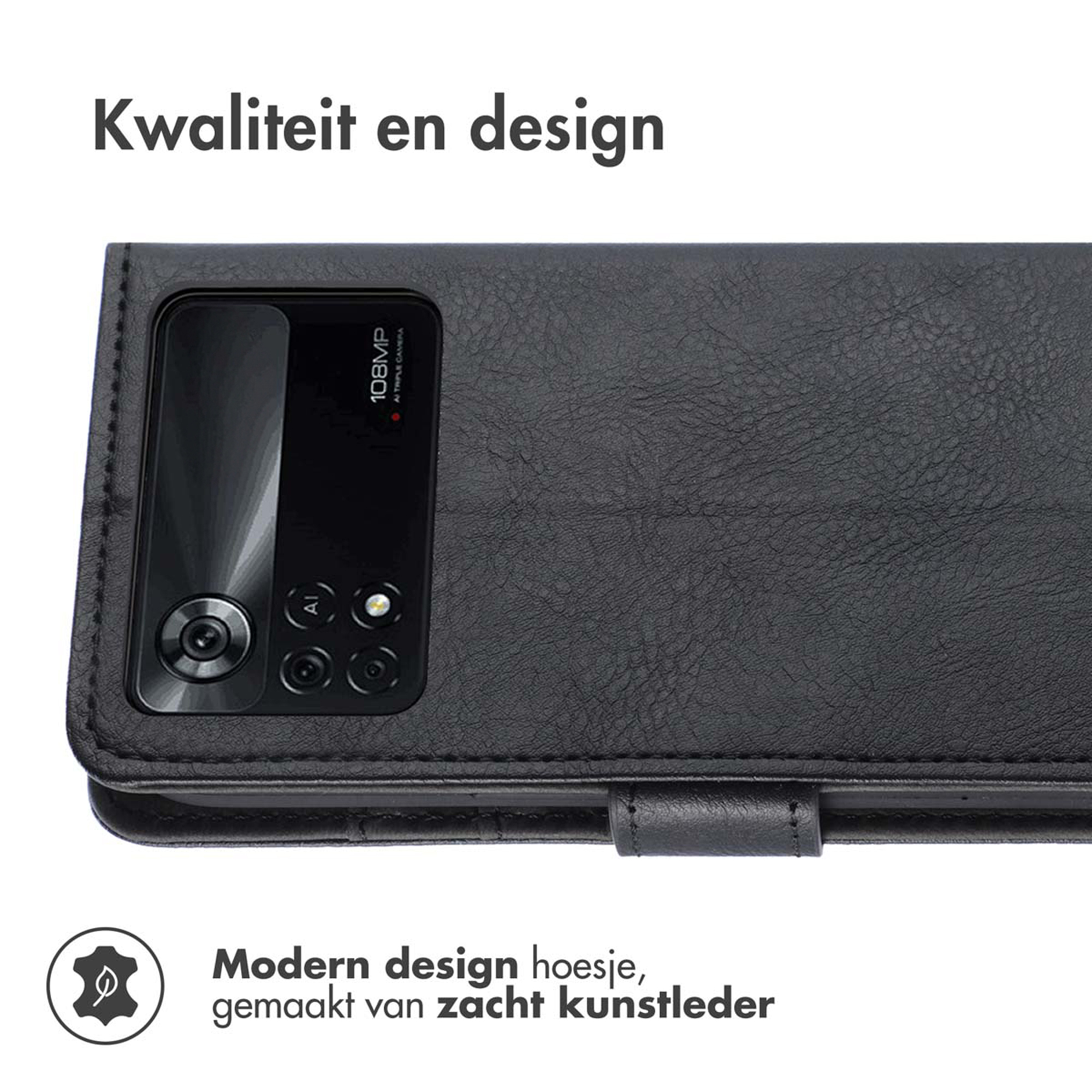 Zwart kunstleren telefoonhoesje met 108MP camera. Modern design.