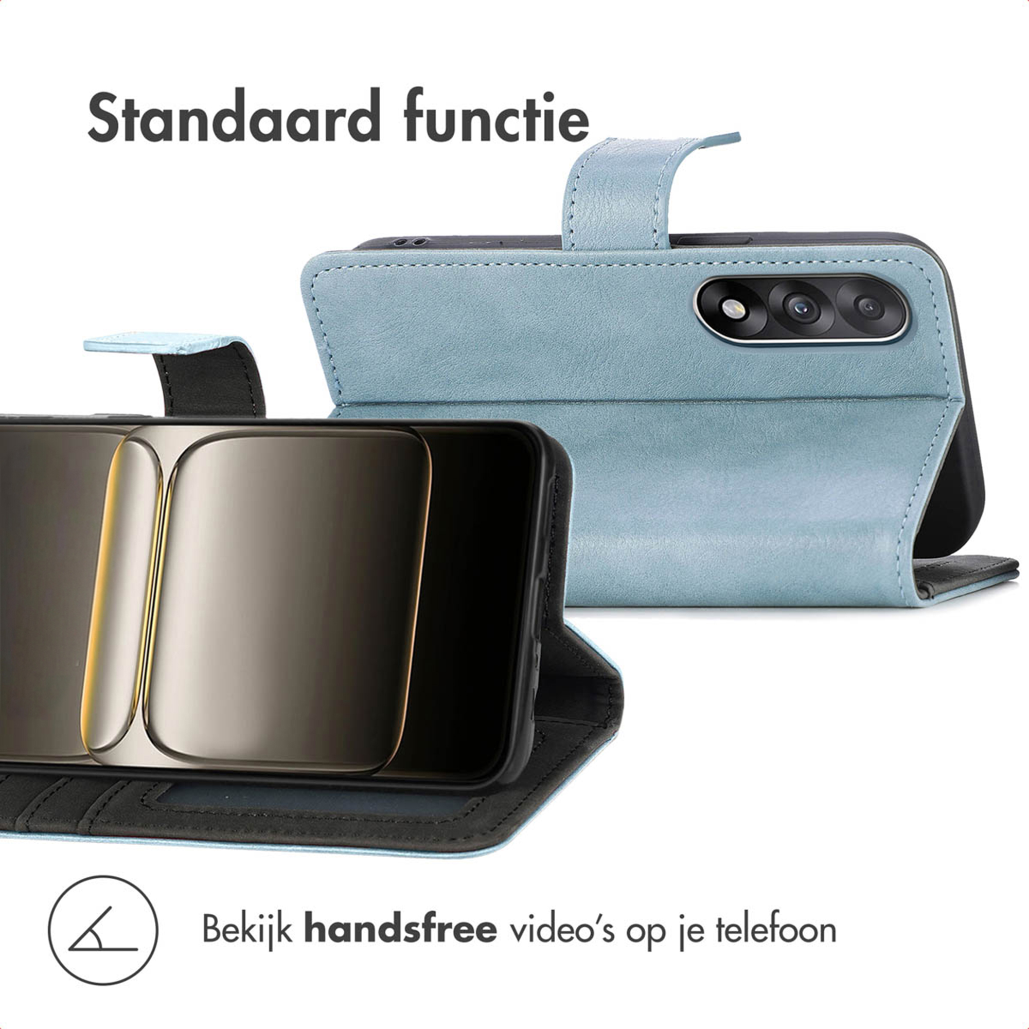 Un étui de téléphone bleu clair avec fonction de support tenant un téléphone.