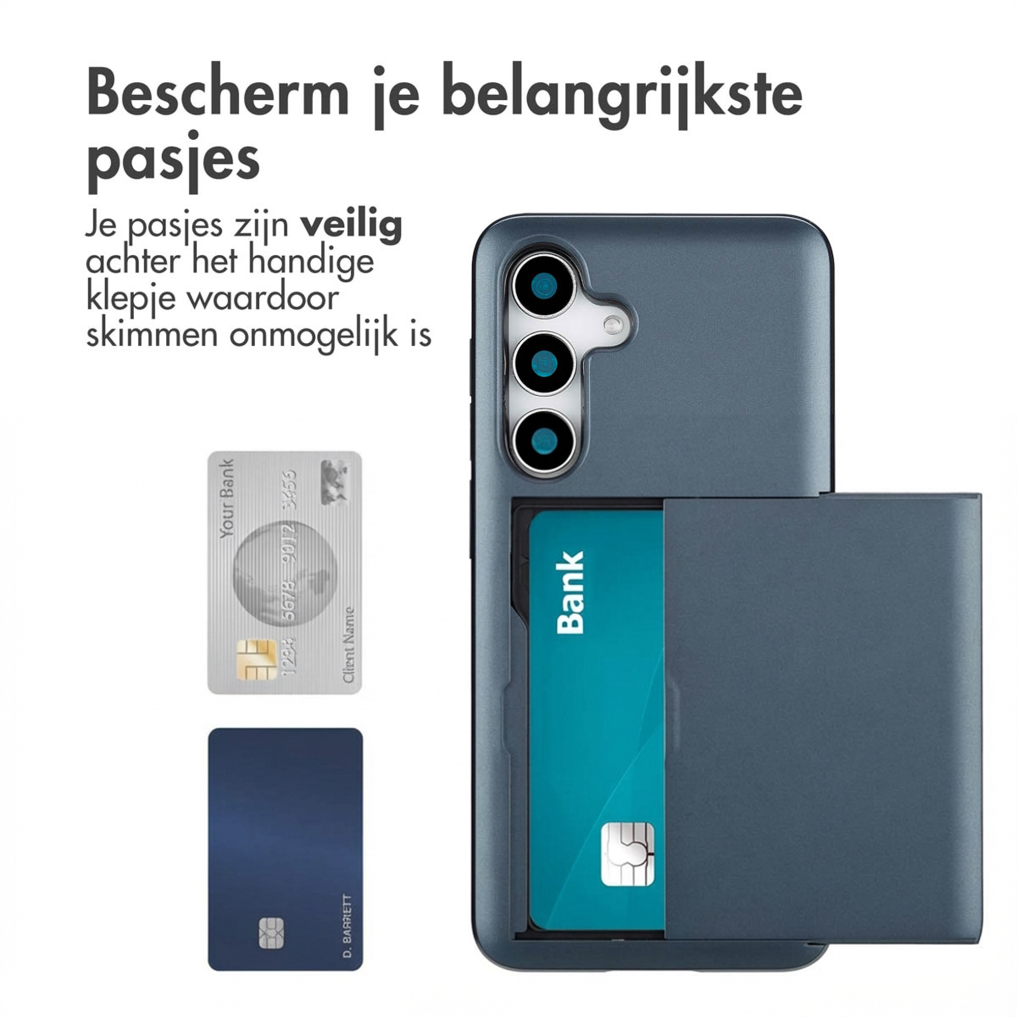 Grijze telefoonhoes met kaarthouder, toont bankpas en zilveren kaart.