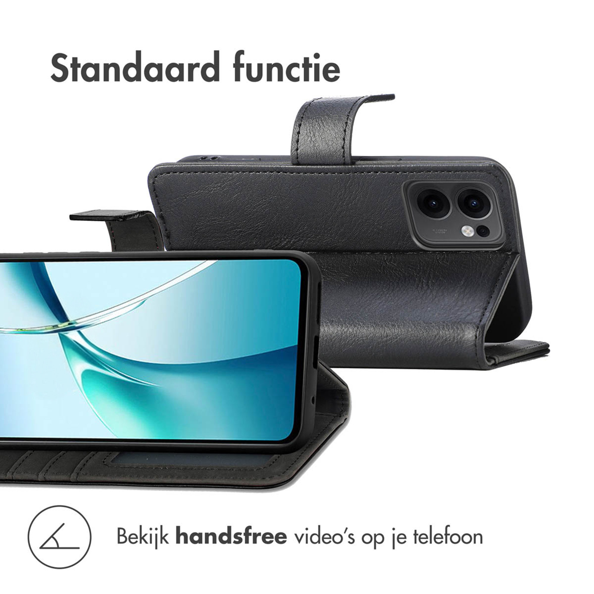 Een zwarte telefoon in een hoes staat rechtop en toont een blauw scherm.