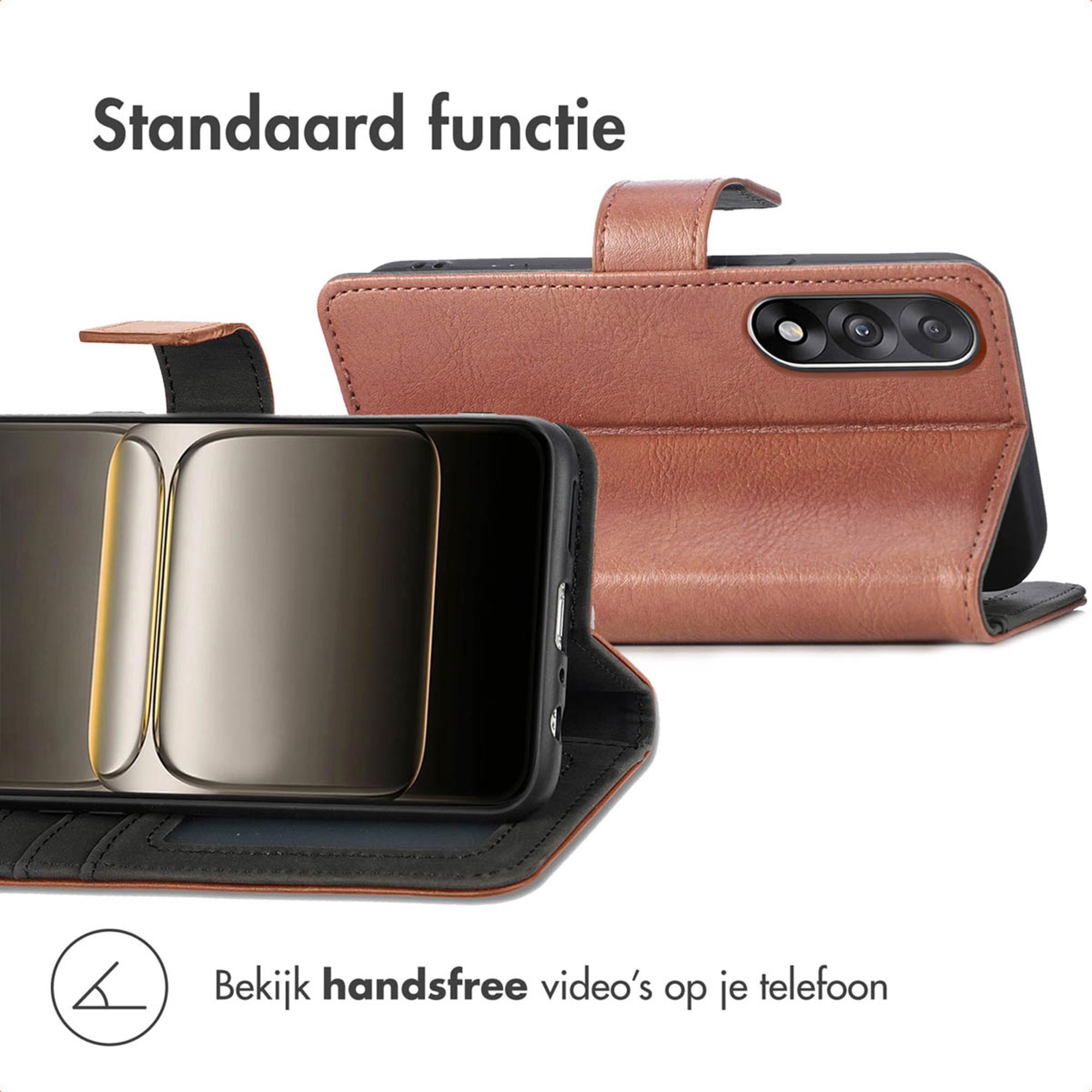 Étui à rabat en cuir marron pour smartphone avec fonction support et appareil photo.