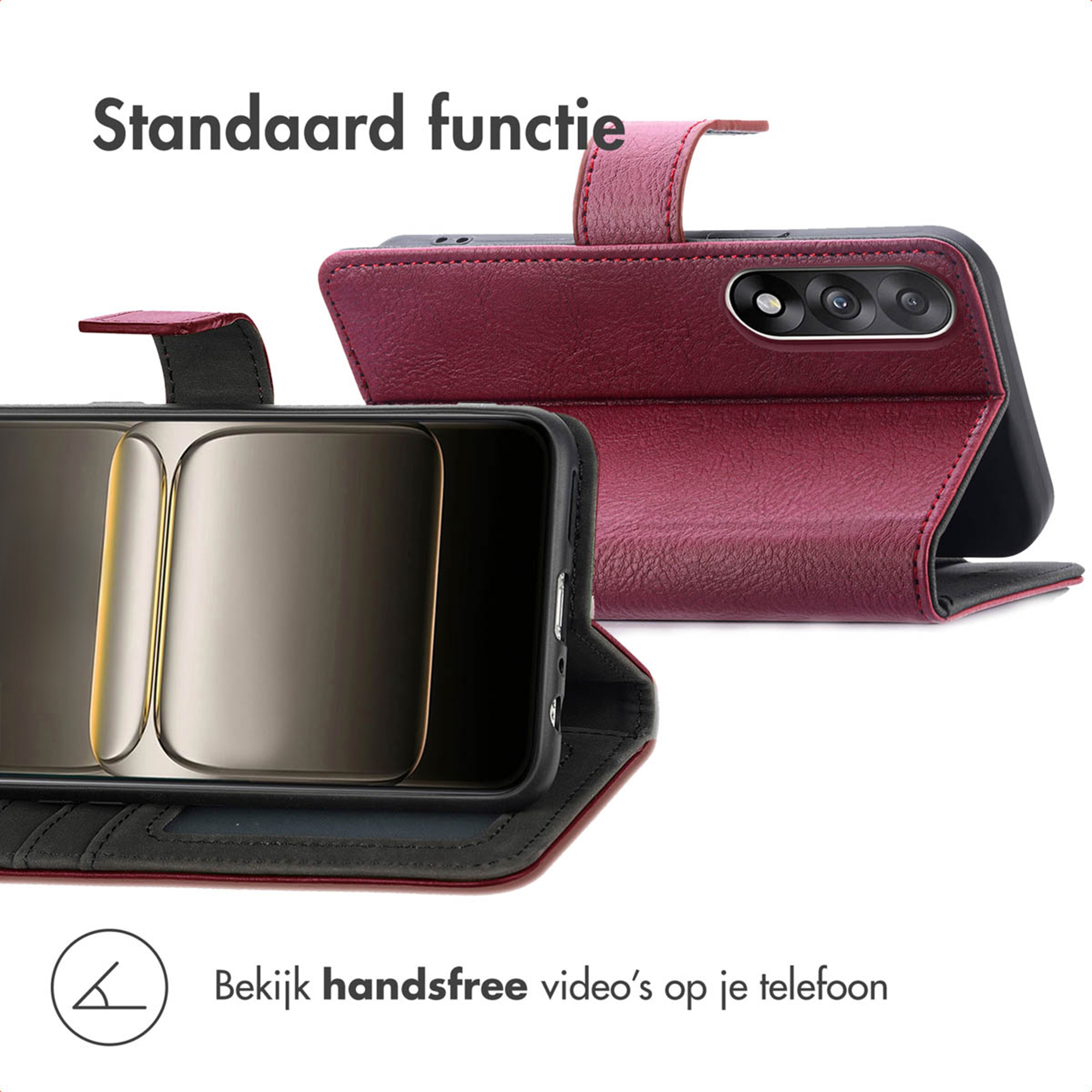 Un étui de téléphone bordeaux avec fonction de support affiche un smartphone.