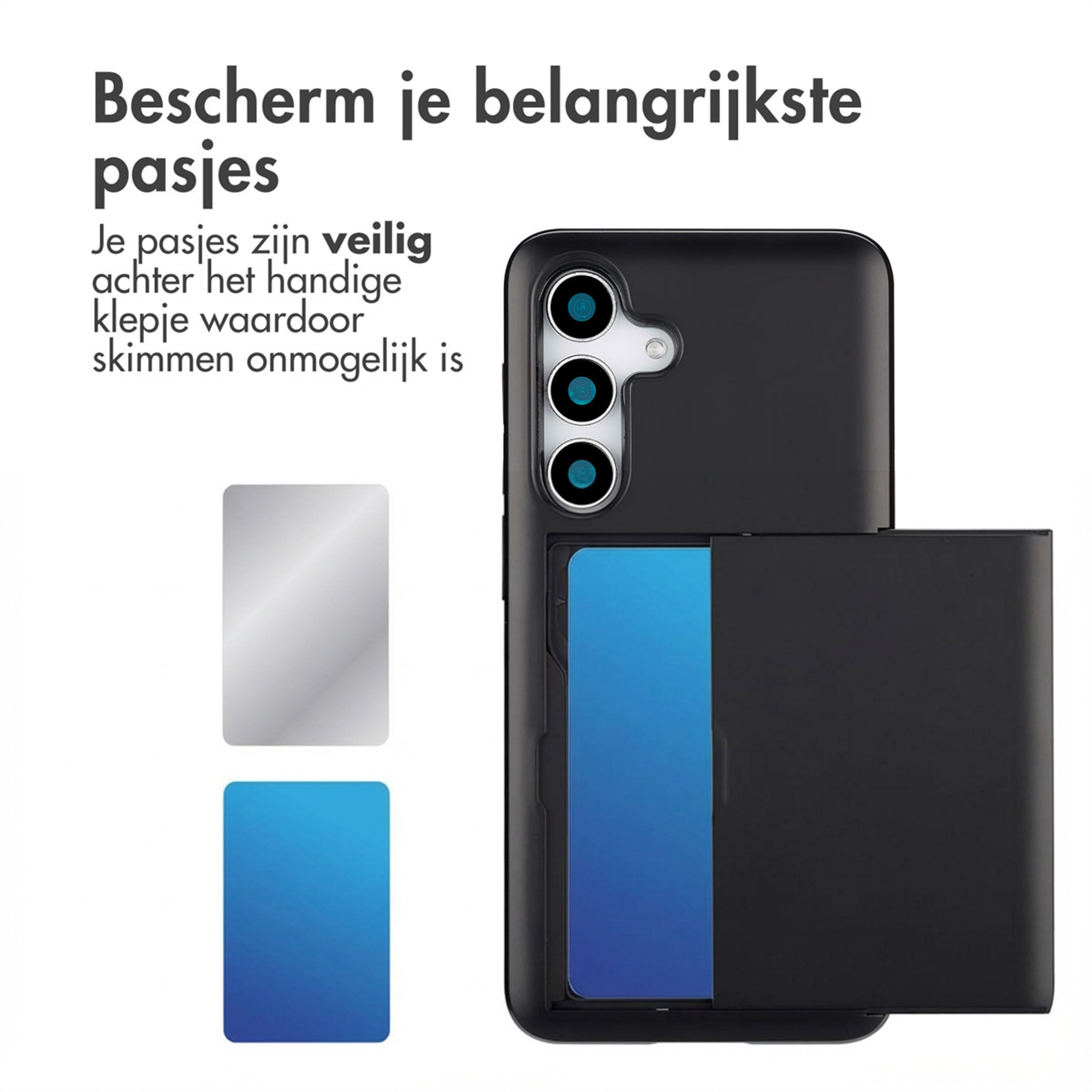 Zwarte telefoonhoes met kaartsleuf. Zilveren en blauwe kaarten ernaast.