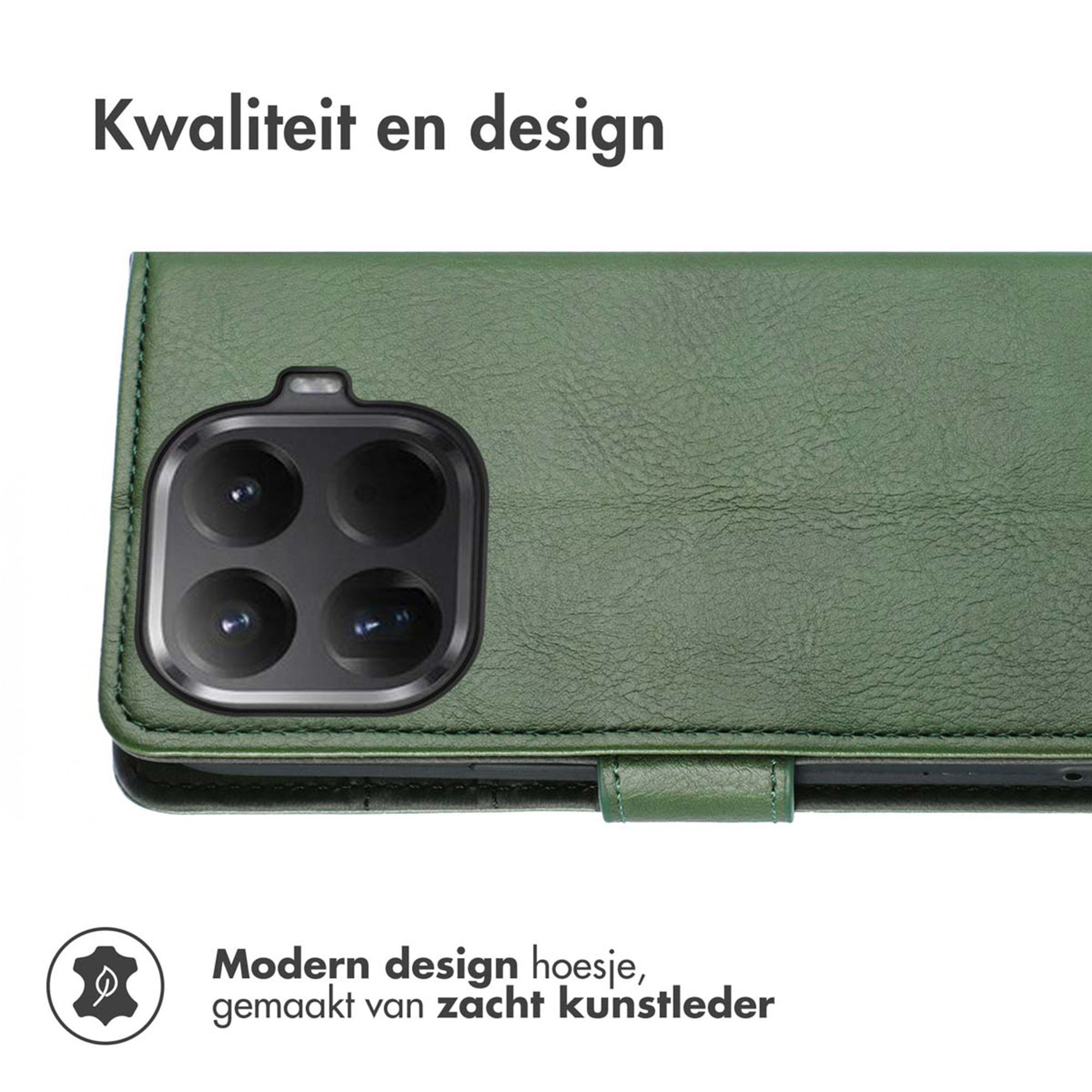 Groene telefoonhoes met camera-uitsparing en tekst.