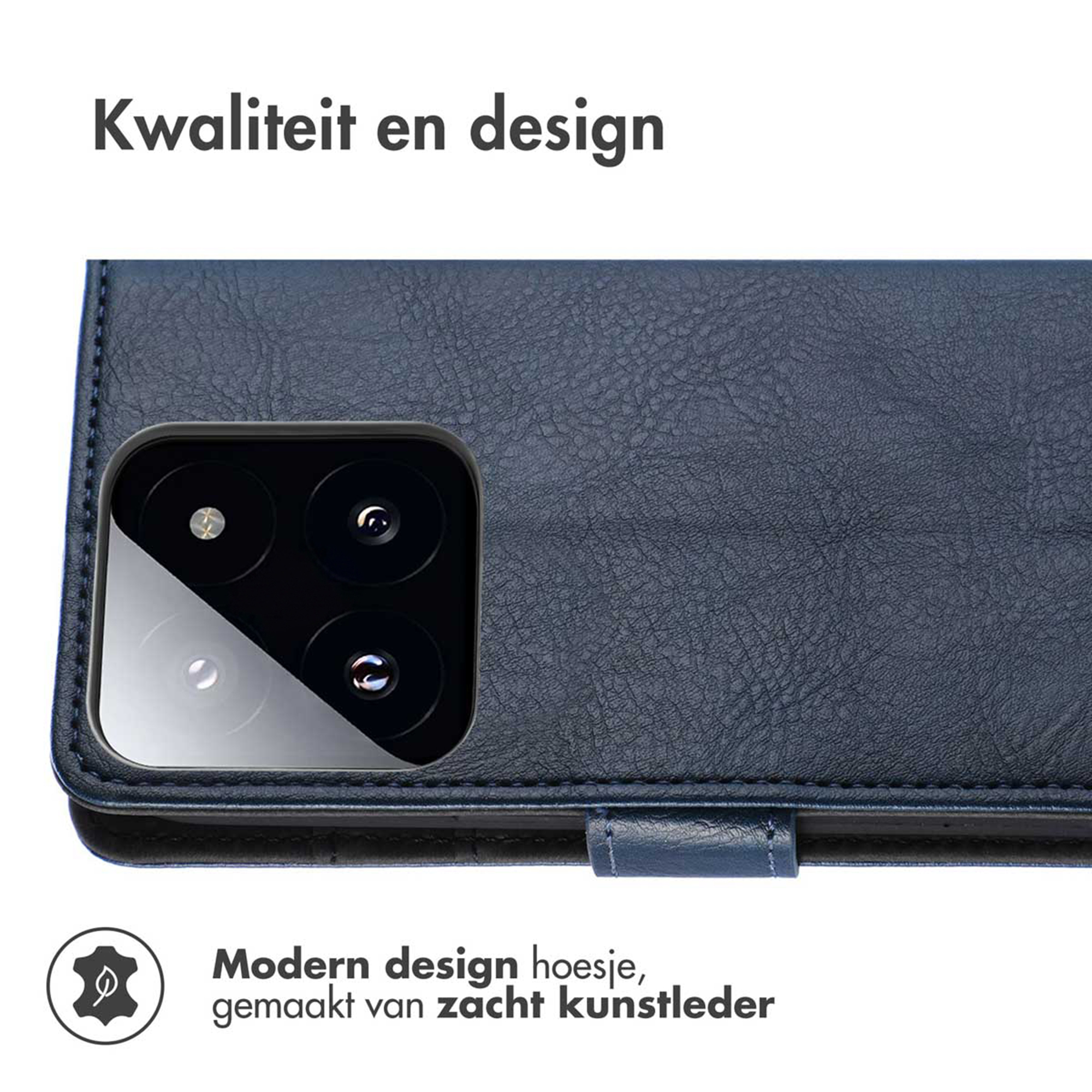Donkerblauwe telefoonhoes van kunstleer met cameramodule.
